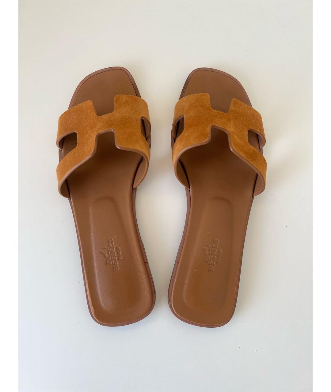 HERMES Оранжевое бархатные шлепанцы, фото 3