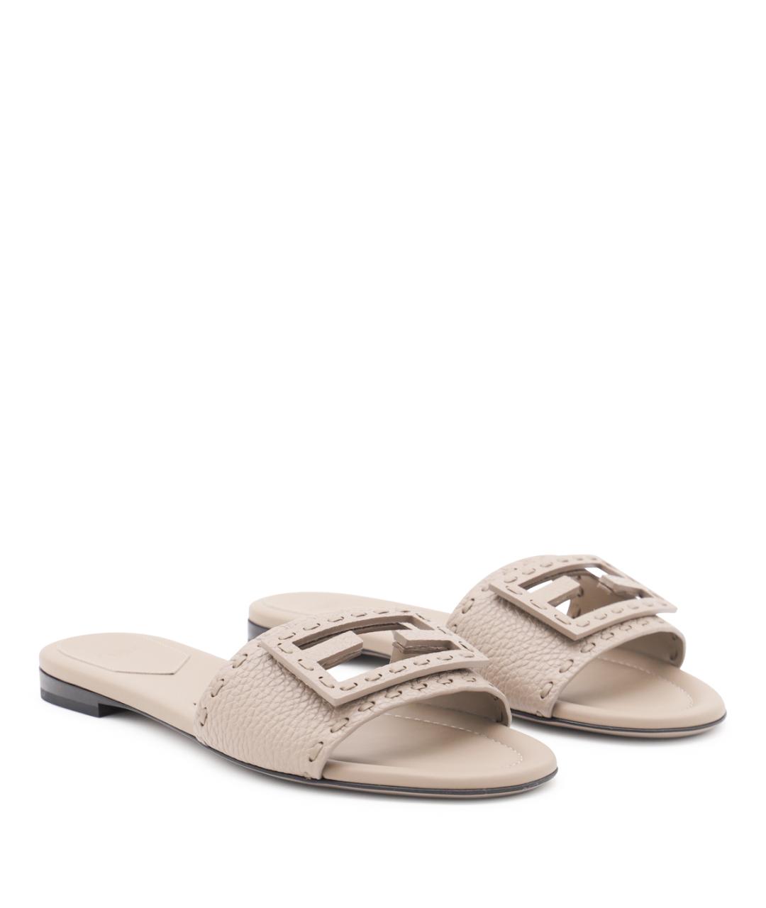 FENDI Бежевые кожаные шлепанцы, фото 2