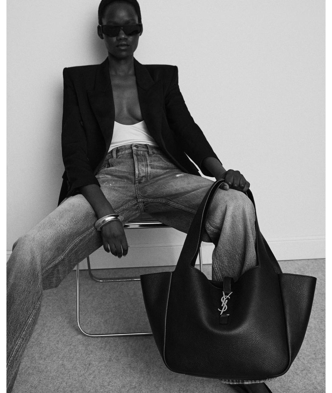 SAINT LAURENT Черная кожаная сумка тоут, фото 2