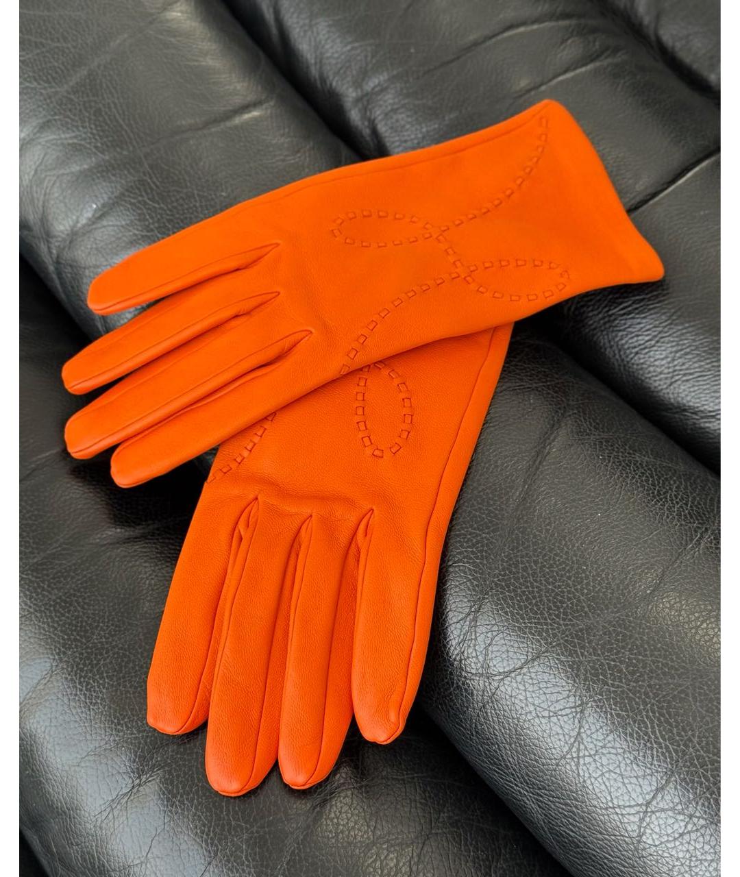HERMES Оранжевое кожаные перчатки, фото 5
