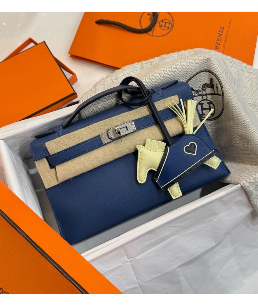 HERMES Синяя кожаная сумка с короткими ручками, фото 4