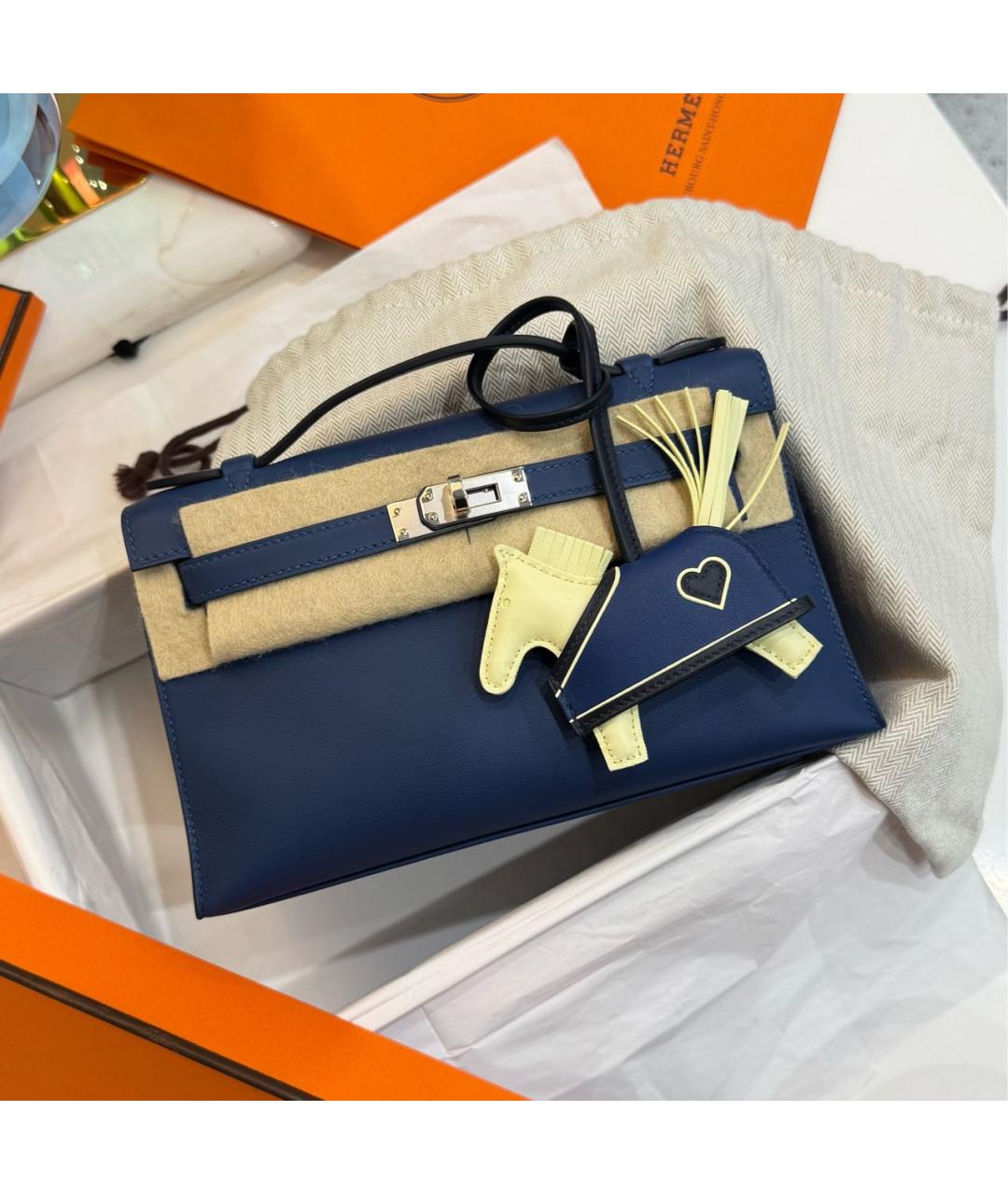 HERMES Синяя кожаная сумка с короткими ручками, фото 6