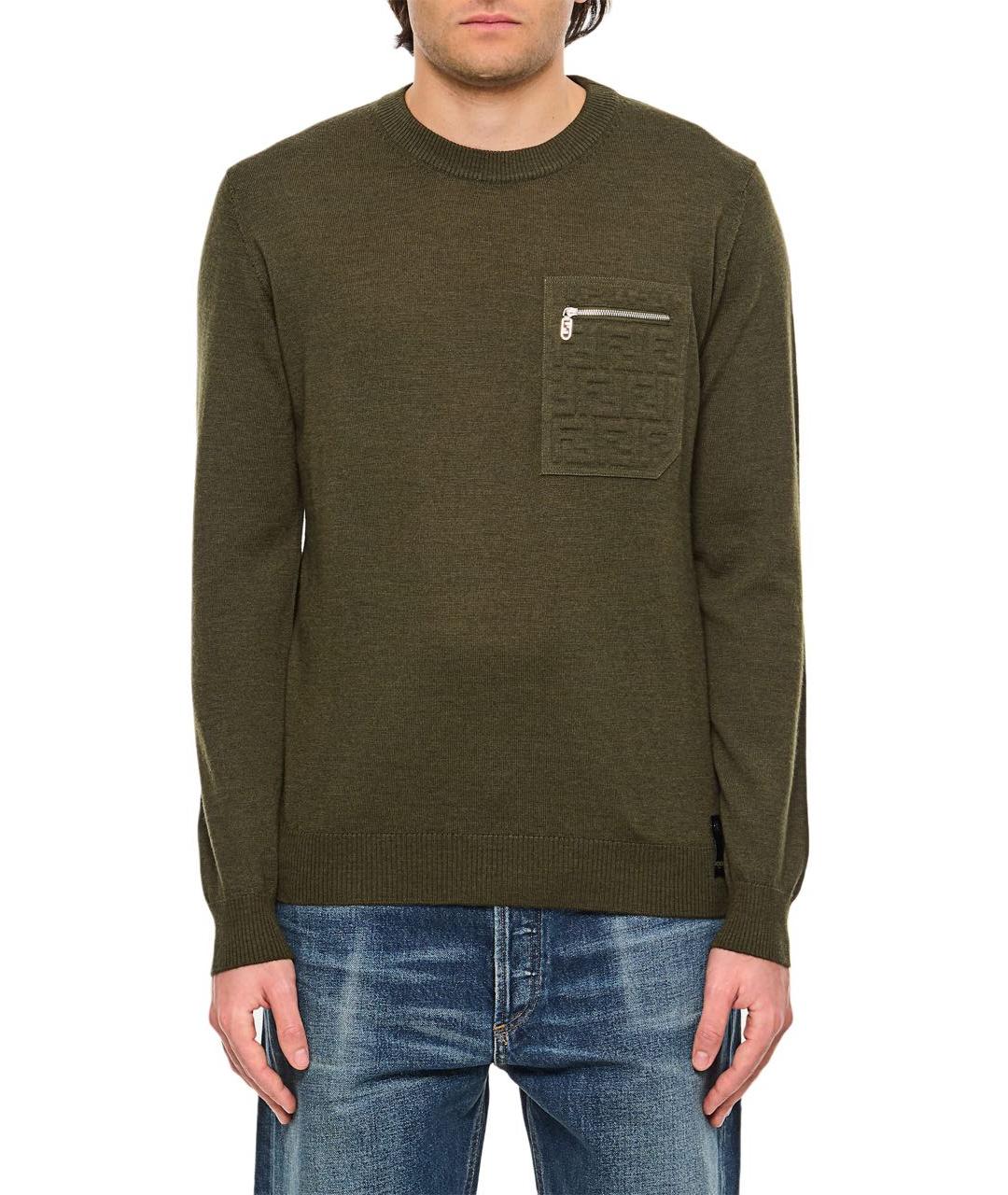 FENDI Хаки шерстяной джемпер / свитер, фото 2