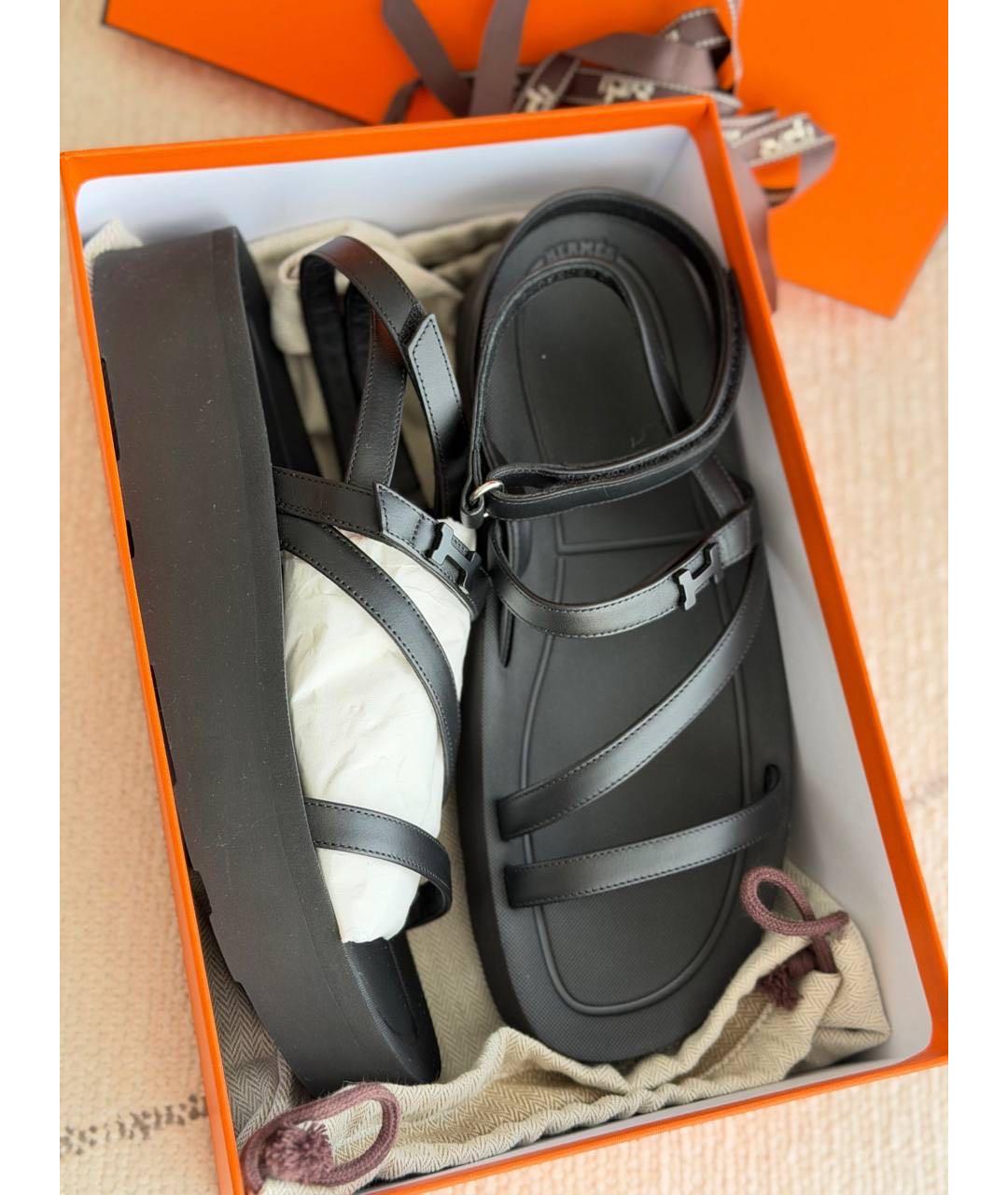 HERMES Черные кожаные сандалии, фото 2