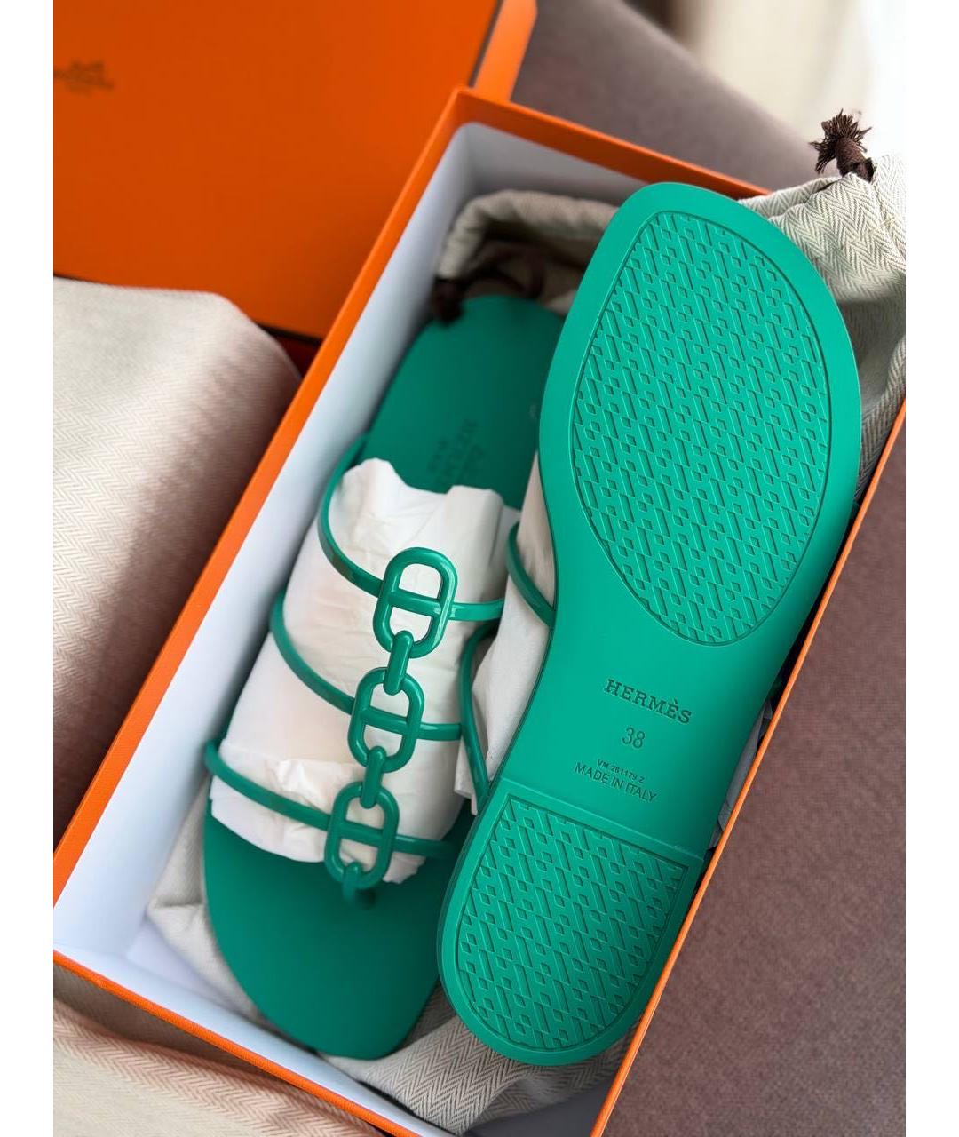 HERMES Зеленые резиновые шлепанцы, фото 3