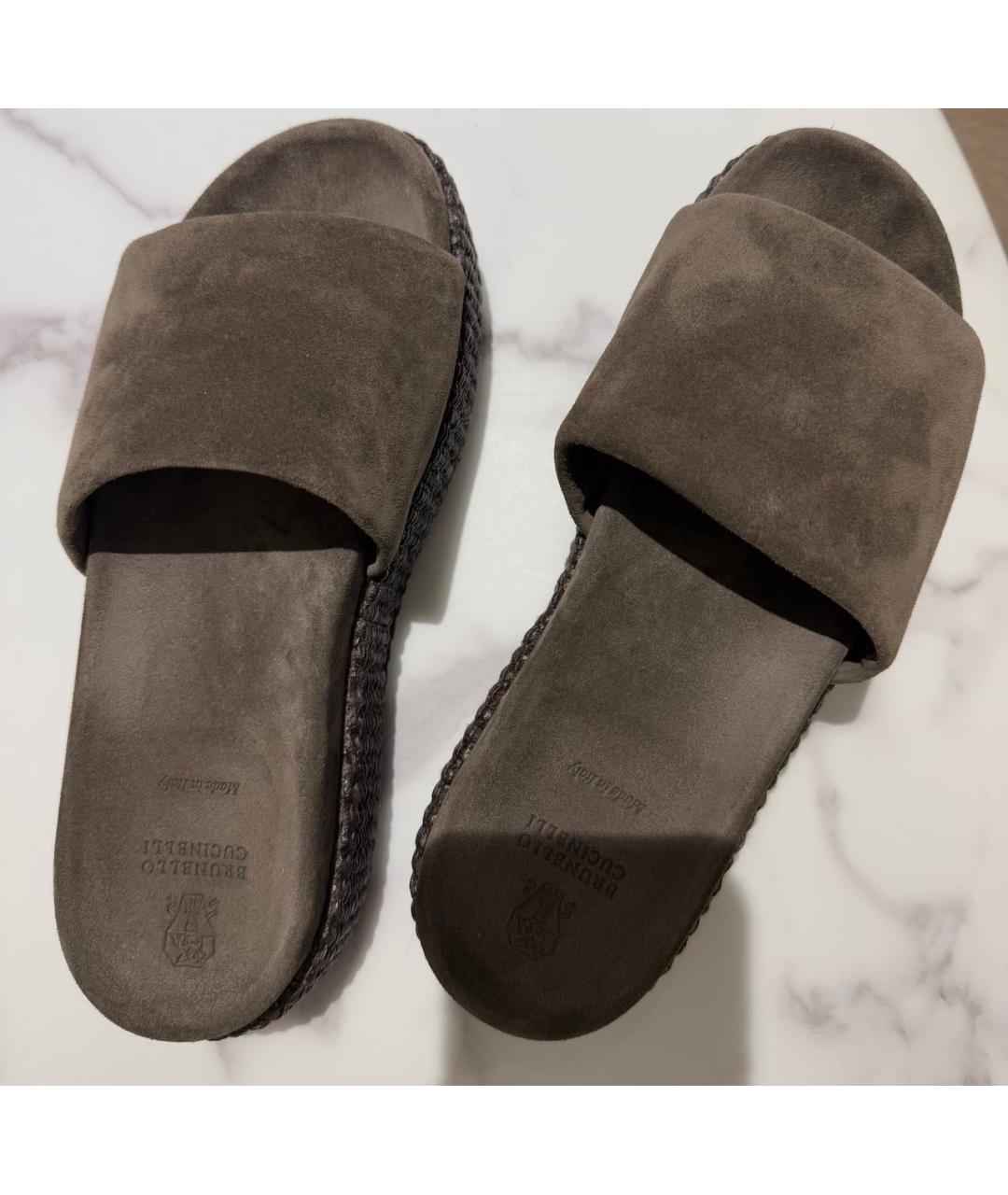 BRUNELLO CUCINELLI Коричневые замшевые шлепанцы, фото 2