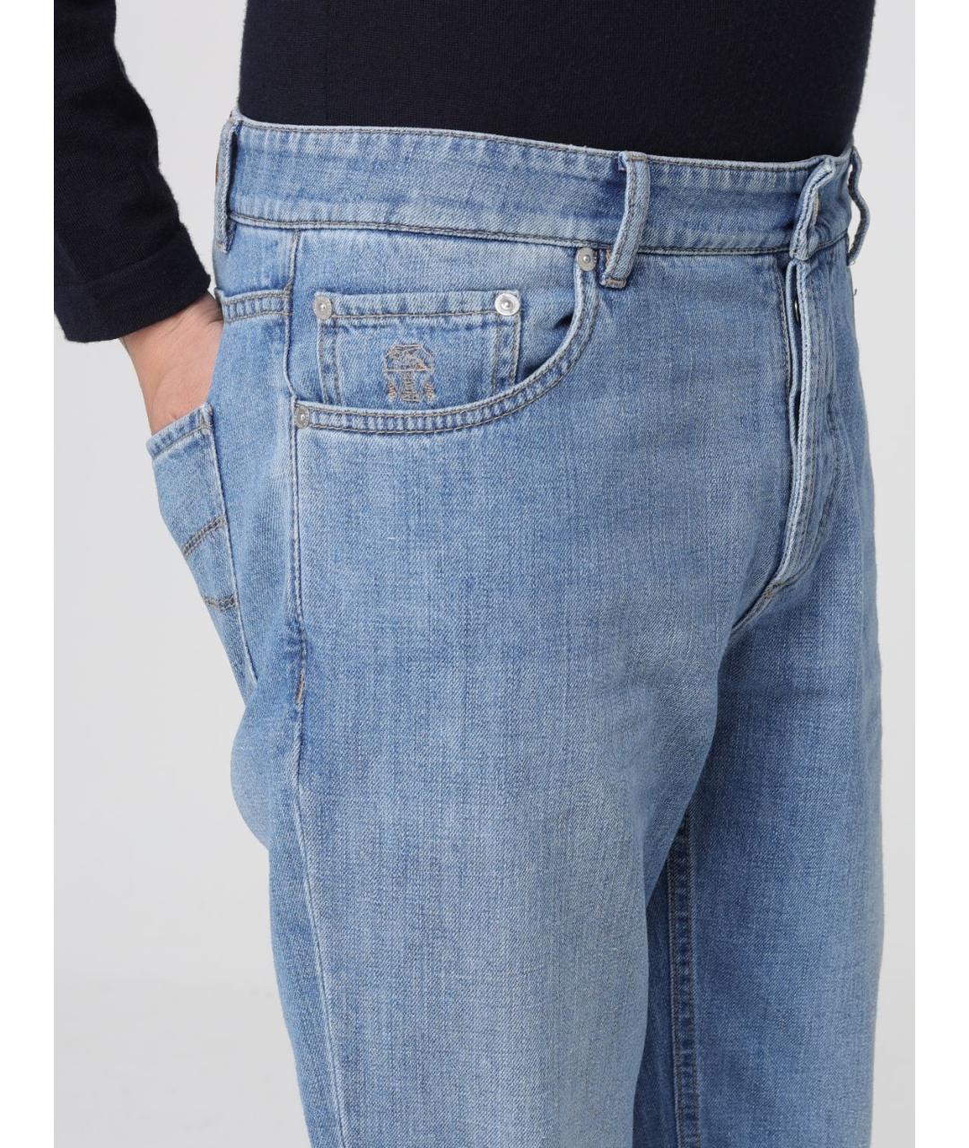 BRUNELLO CUCINELLI Голубые хлопковые прямые джинсы, фото 5