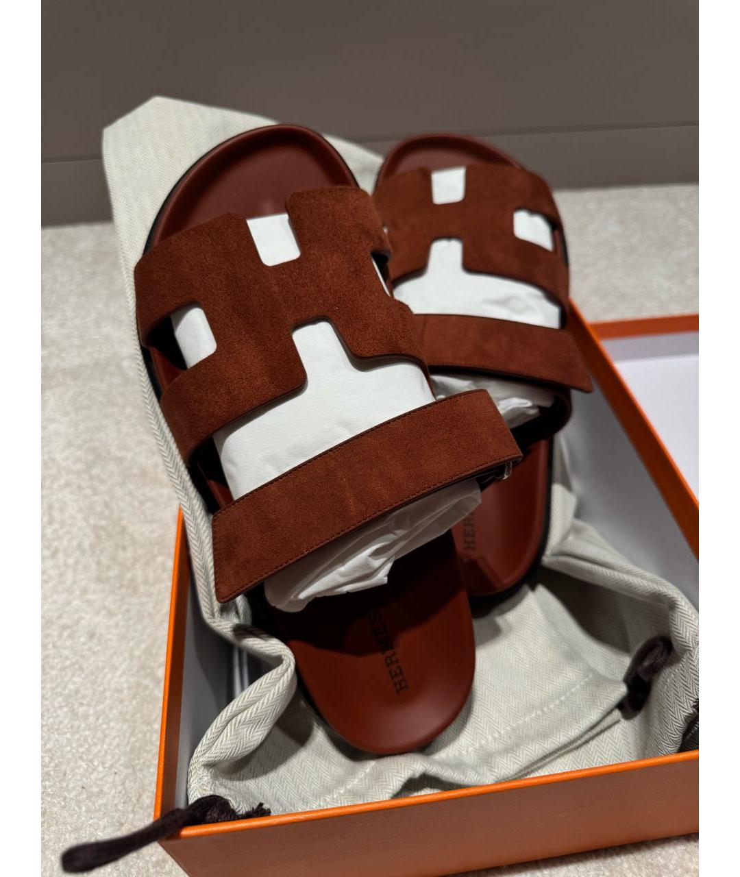 HERMES Коричневые замшевые шлепанцы, фото 3