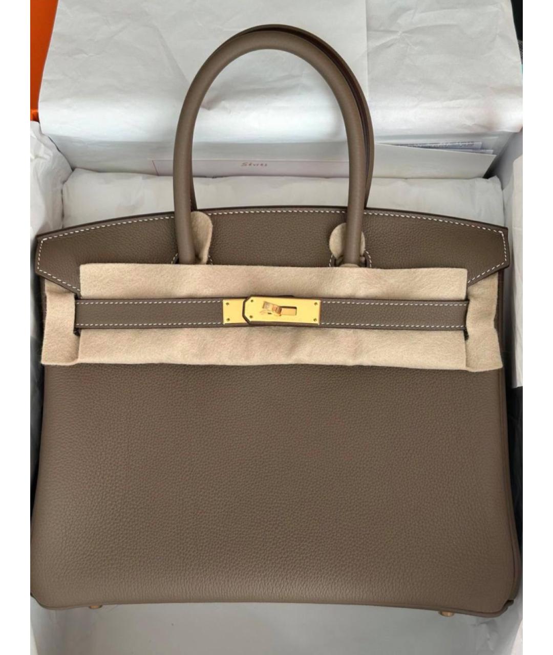 HERMES Хаки кожаная сумка с короткими ручками, фото 2