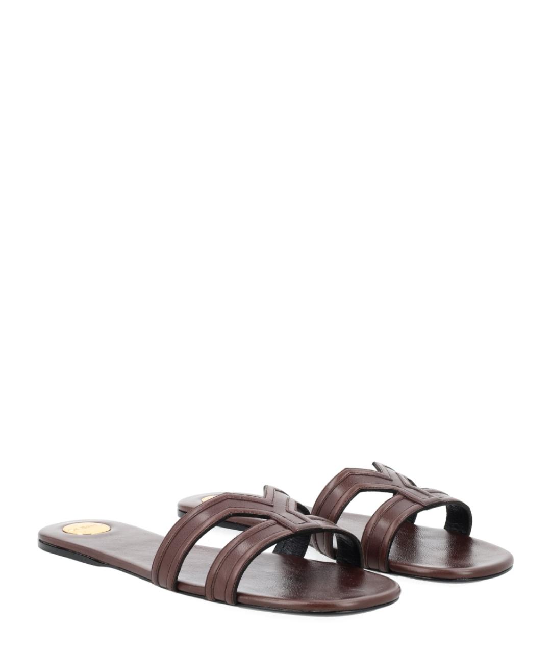 SAINT LAURENT Коричневые кожаные шлепанцы, фото 2
