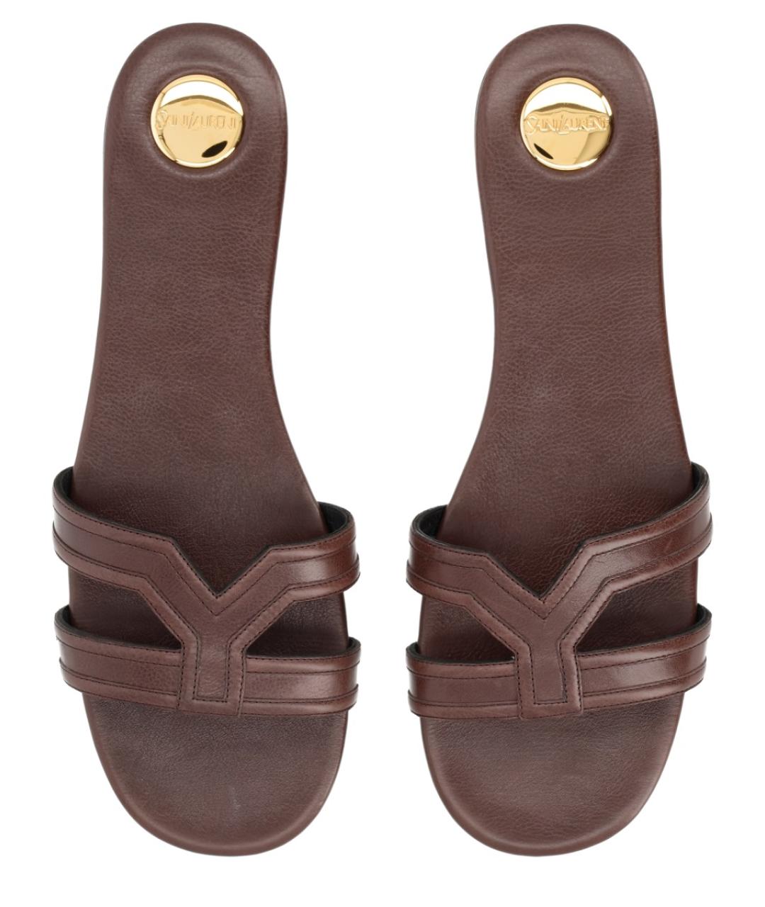 SAINT LAURENT Коричневые кожаные шлепанцы, фото 5