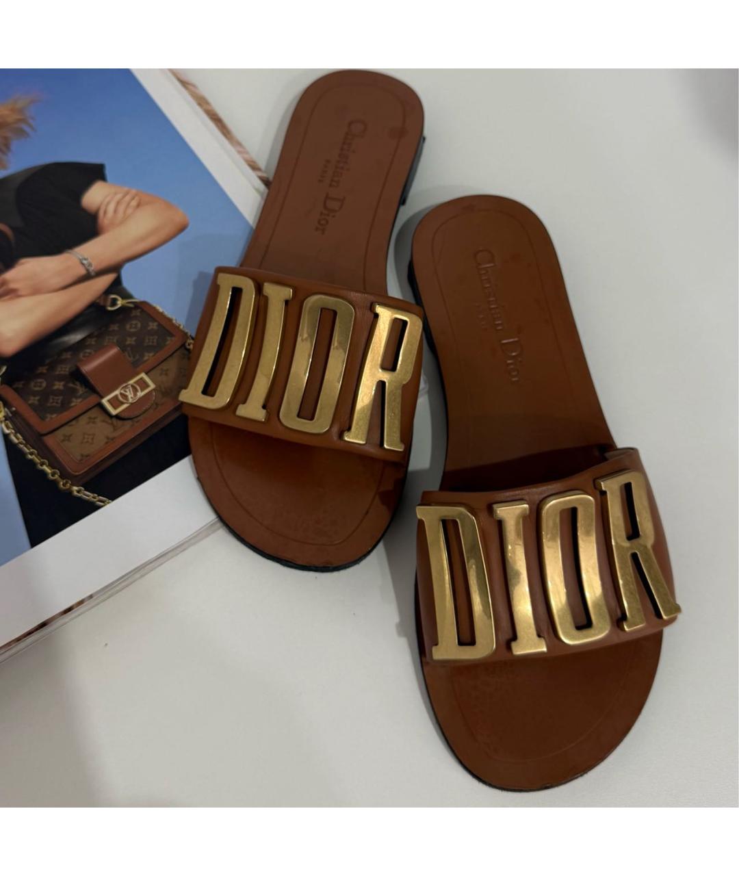 CHRISTIAN DIOR Коричневые кожаные шлепанцы, фото 7