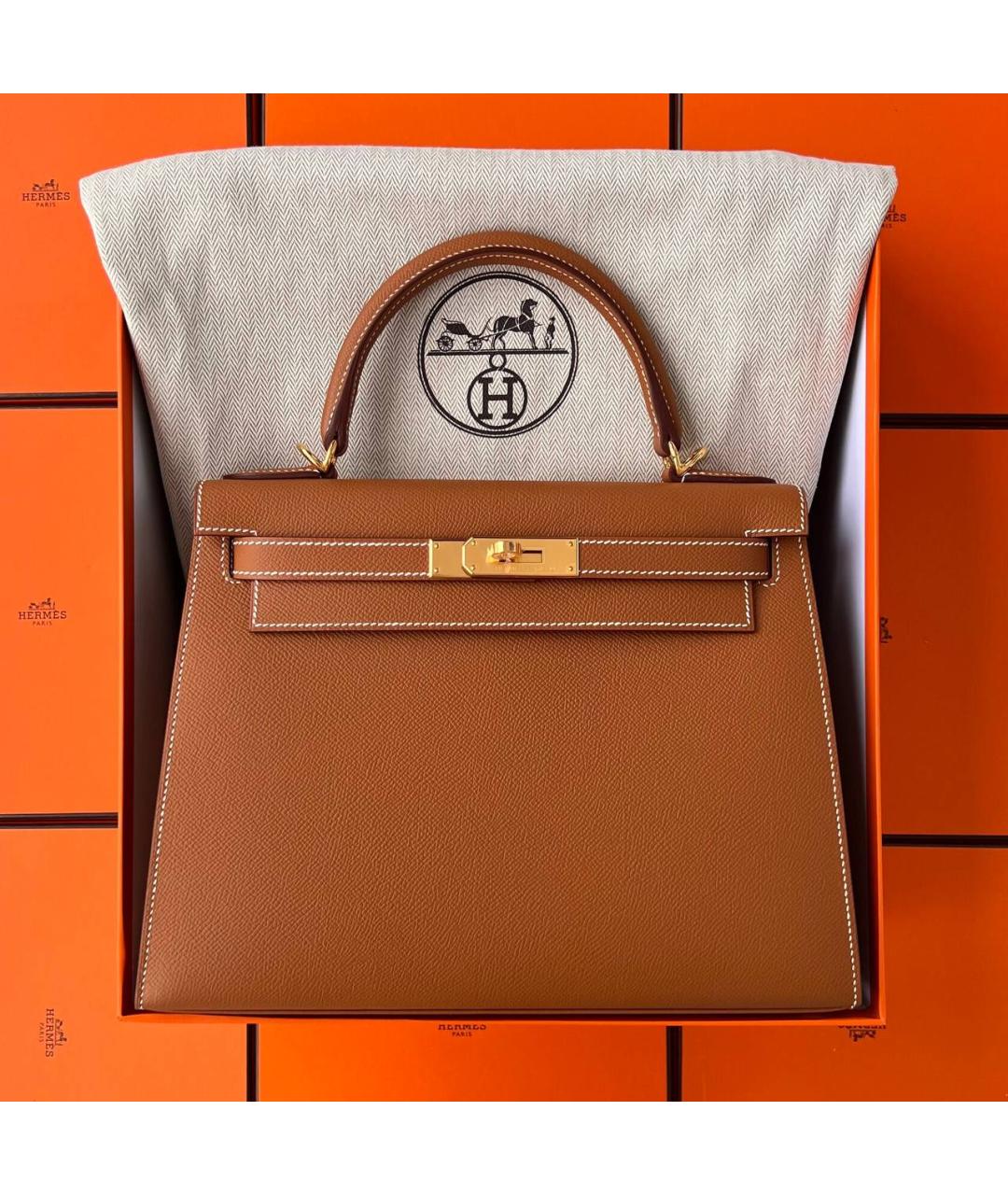 HERMES Золотая кожаная сумка с короткими ручками, фото 2