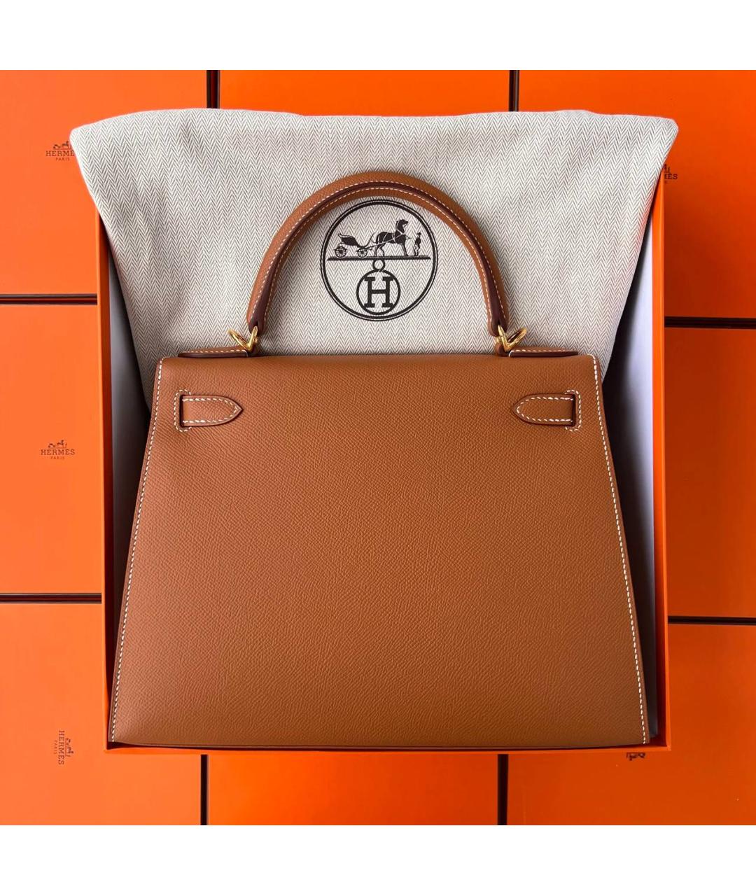 HERMES Золотая кожаная сумка с короткими ручками, фото 3