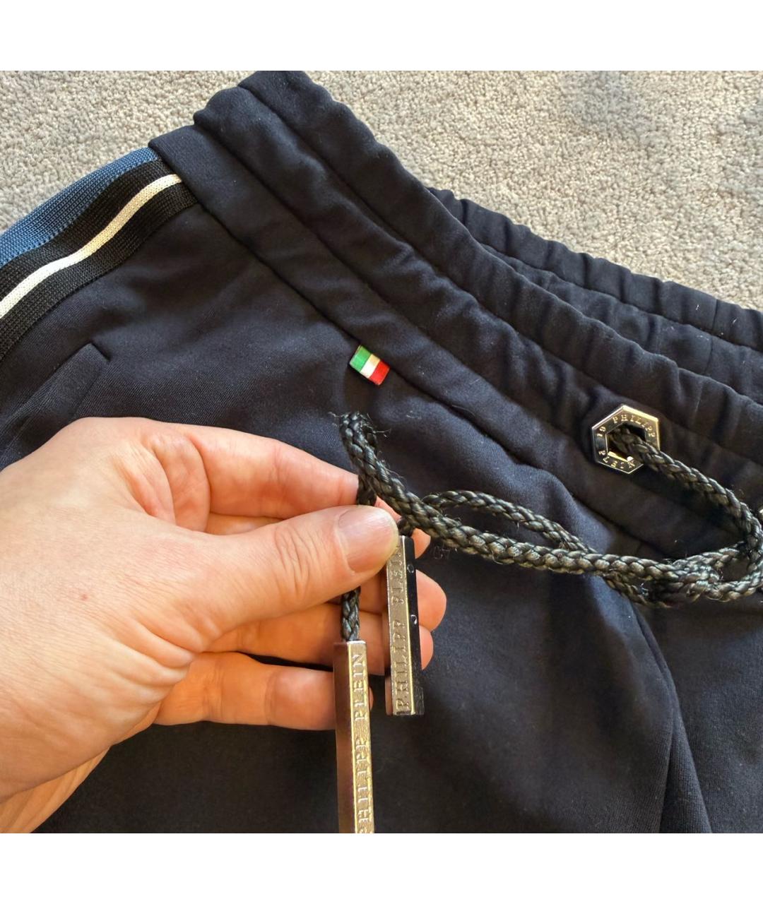 PHILIPP PLEIN Темно-синие хлопко-эластановые повседневные брюки, фото 5