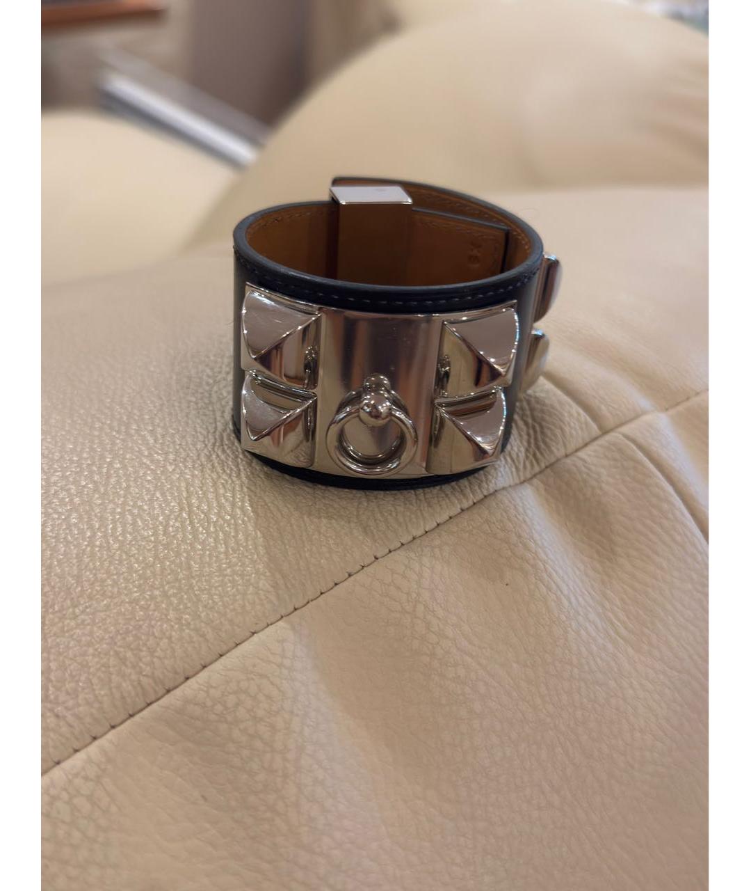 HERMES Черный кожаный браслет, фото 3