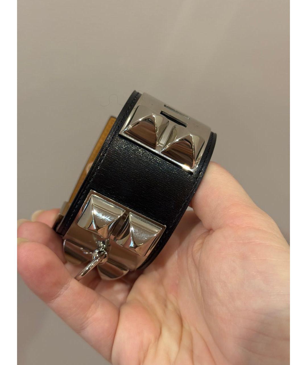 HERMES Черный кожаный браслет, фото 8