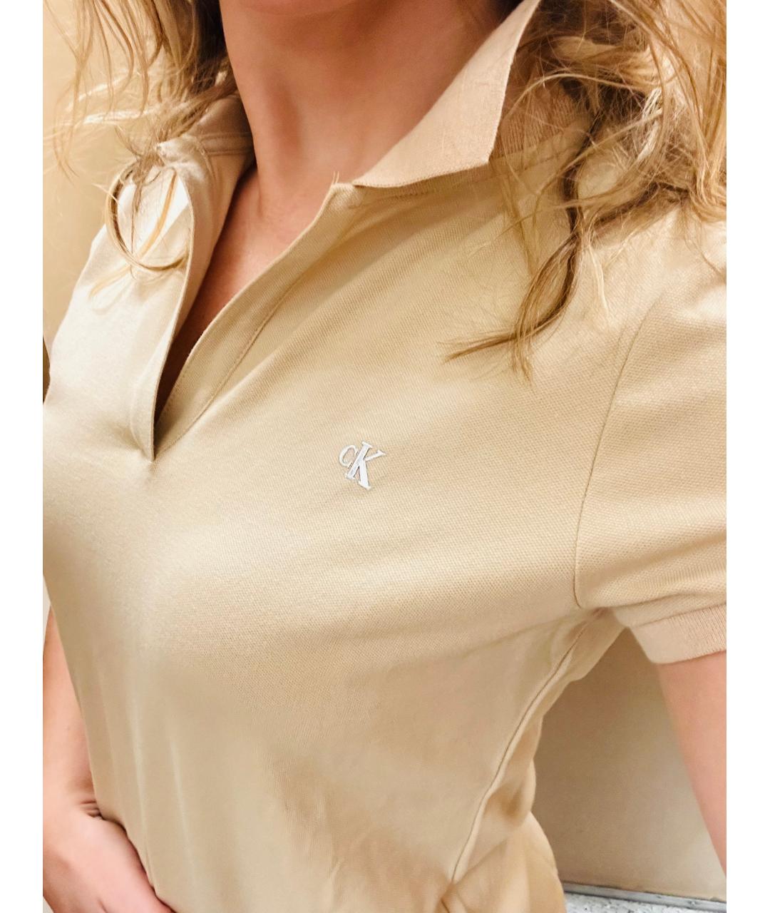 CALVIN KLEIN Бежевая хлопко-эластановая футболка, фото 5
