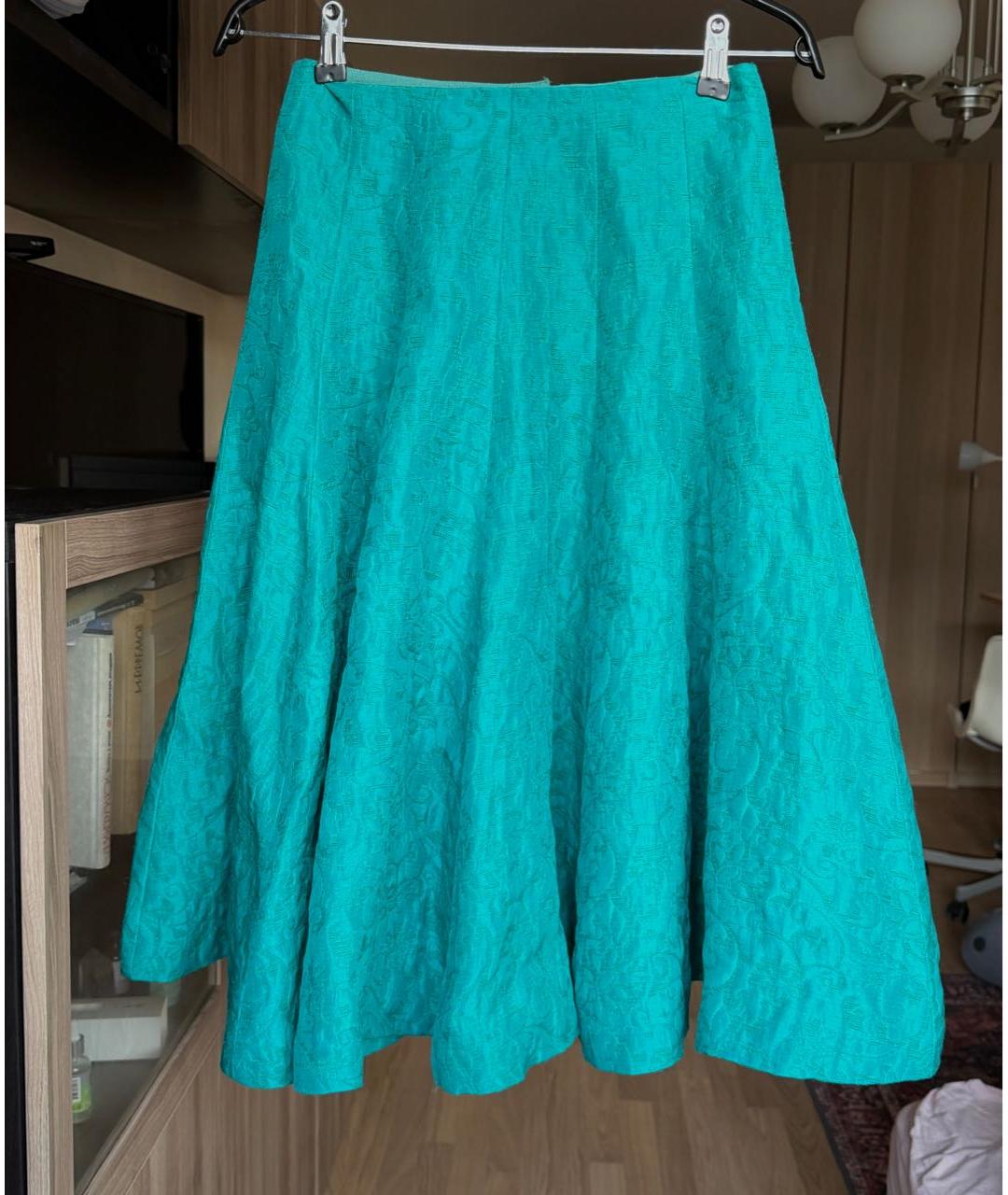 OSCAR DE LA RENTA Бирюзовая шелковая юбка миди, фото 2