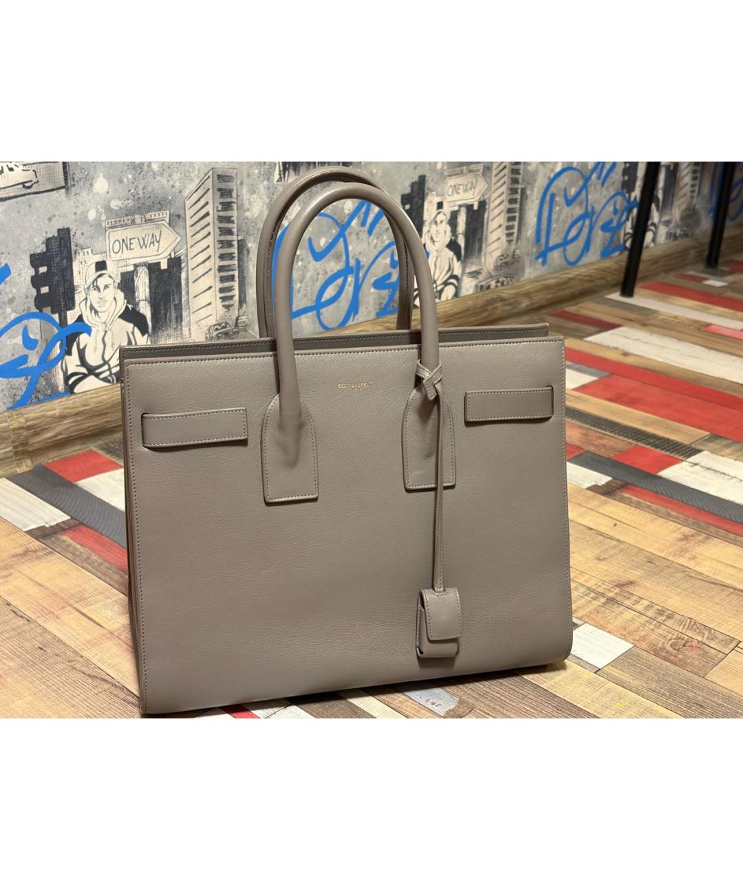 SAINT LAURENT Антрацитовая кожаная сумка с короткими ручками, фото 9