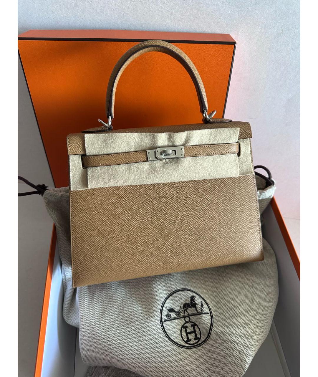 HERMES Бежевая кожаная сумка с короткими ручками, фото 7