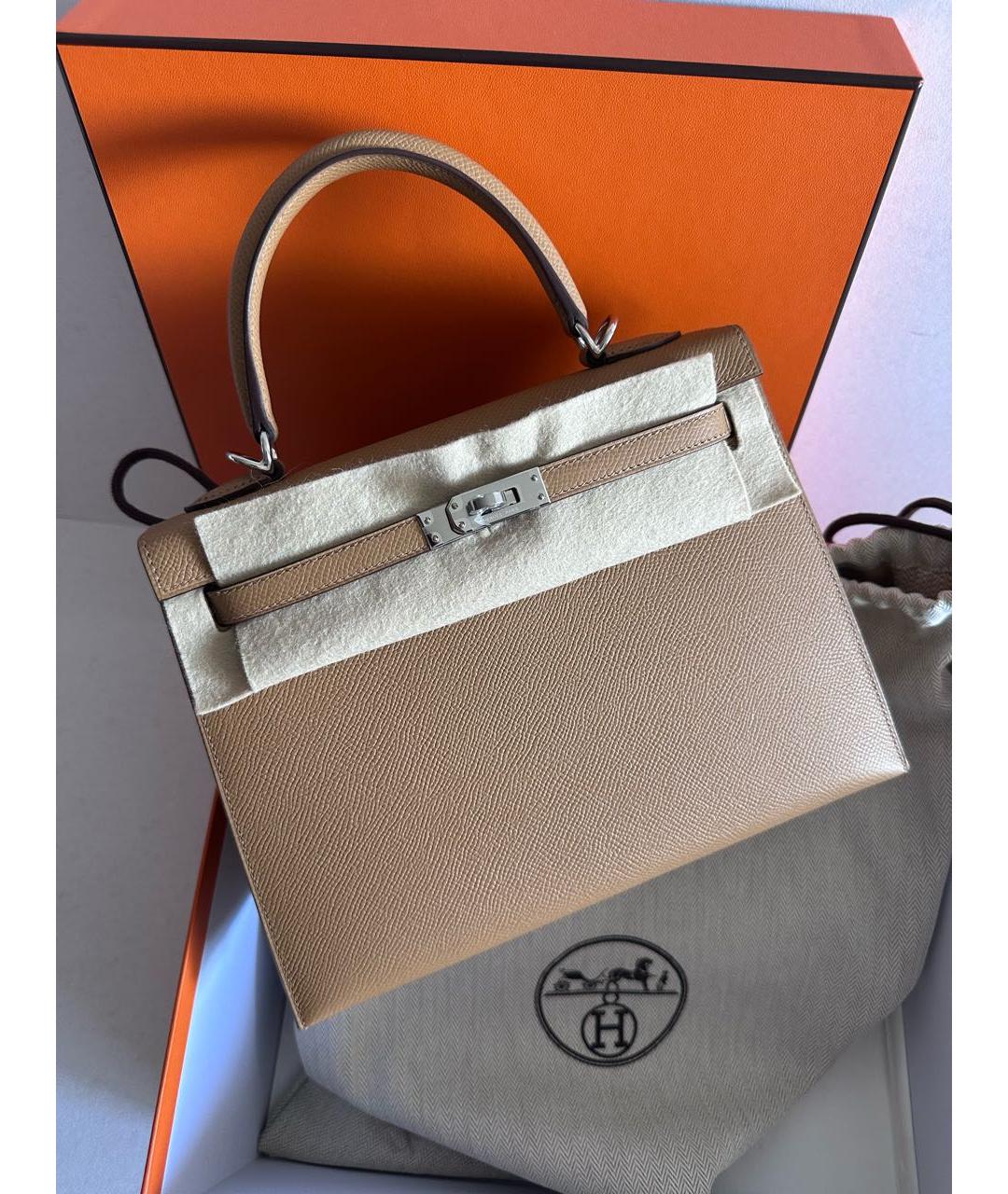 HERMES Бежевая кожаная сумка с короткими ручками, фото 6