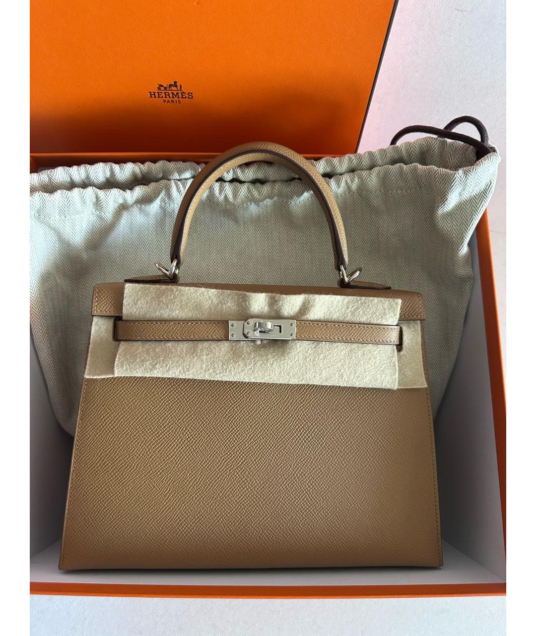 HERMES Бежевая кожаная сумка с короткими ручками, фото 8