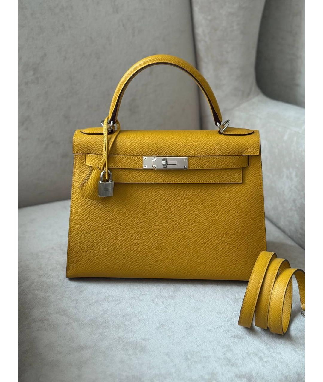 HERMES Желтая кожаная сумка с короткими ручками, фото 5