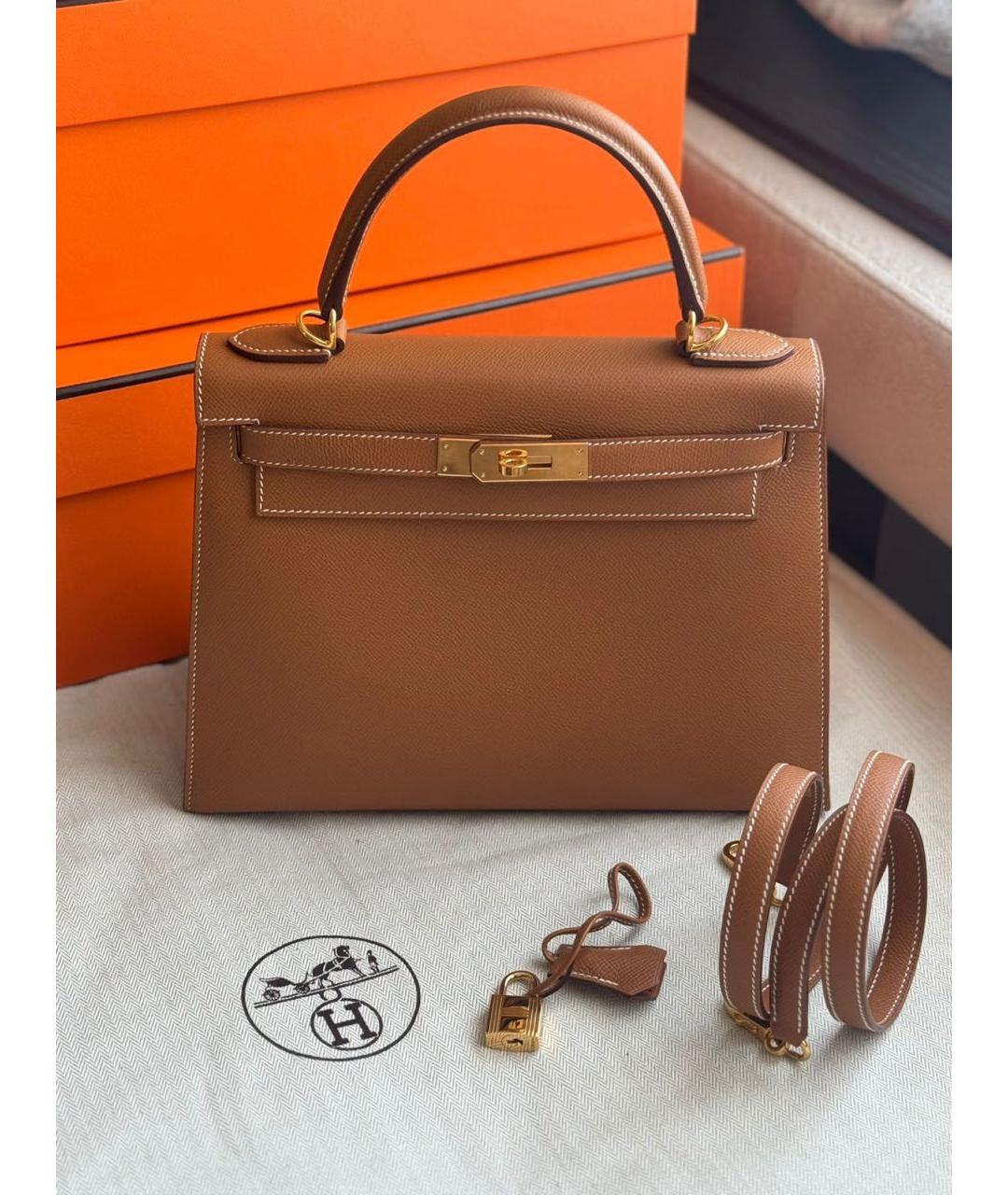 HERMES Коричневая кожаная сумка с короткими ручками, фото 9