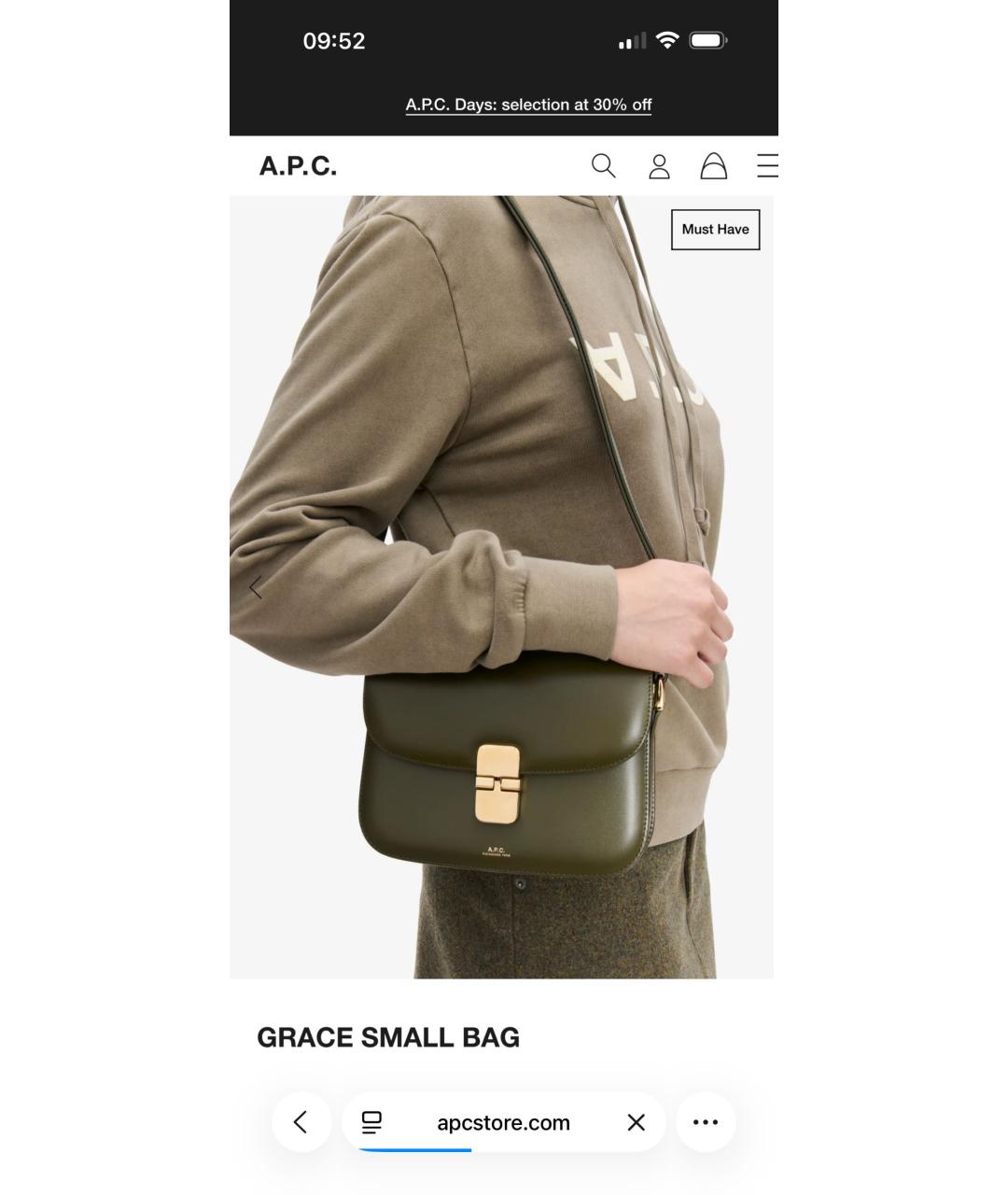 A.P.C. Хаки кожаная сумка через плечо, фото 5