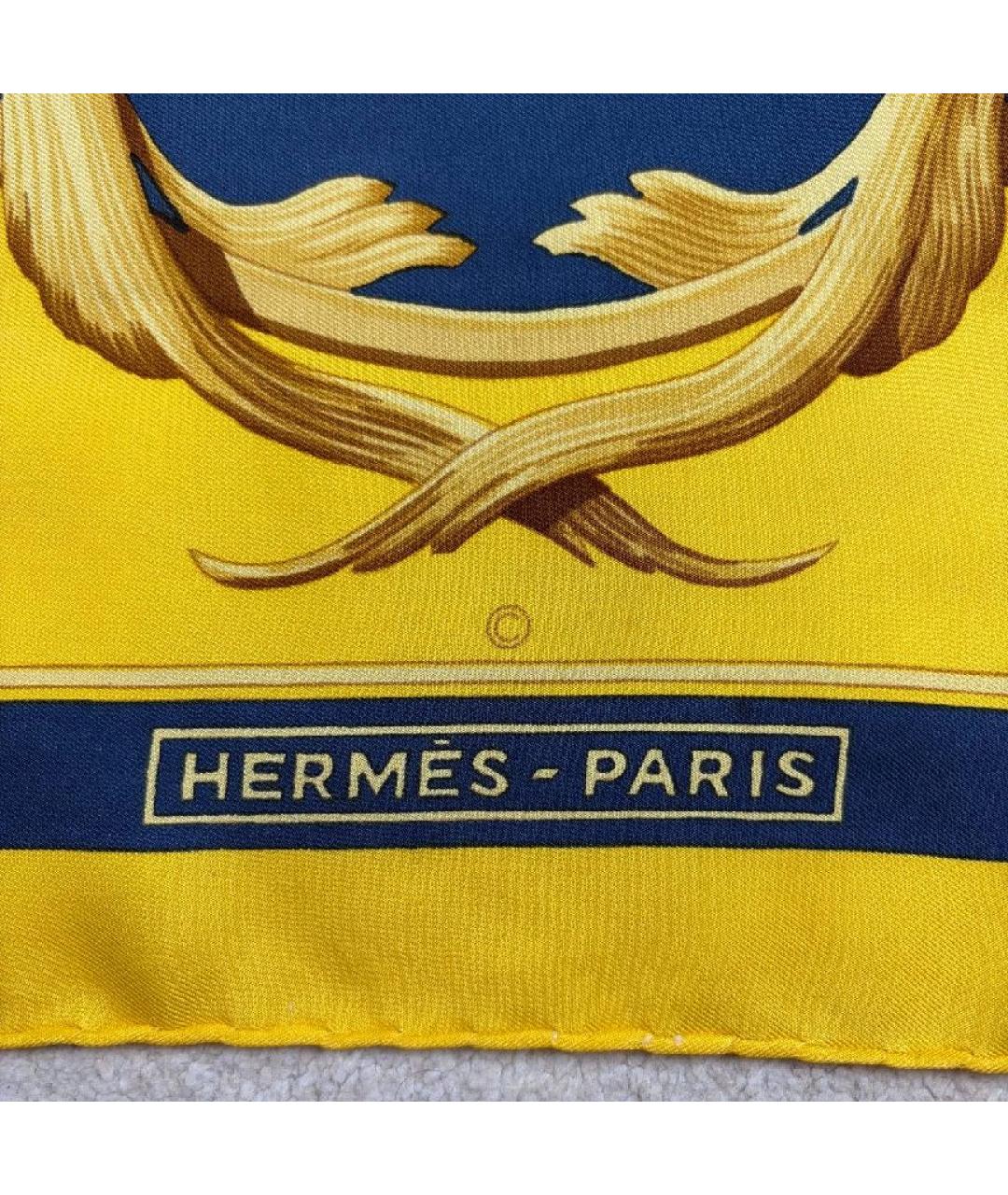 HERMES Желтый шелковый платок, фото 2