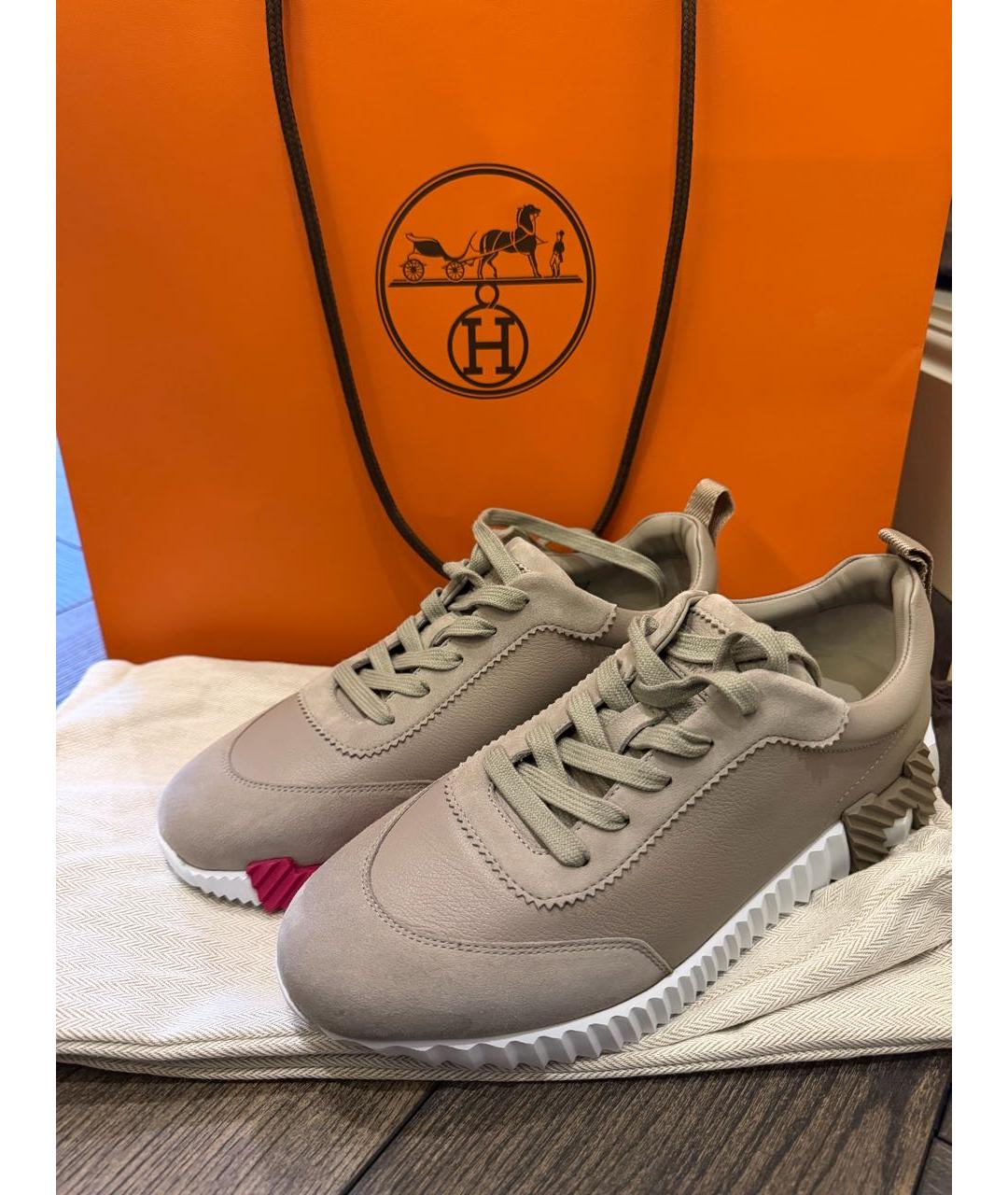 HERMES Бежевые кожаные кроссовки, фото 2