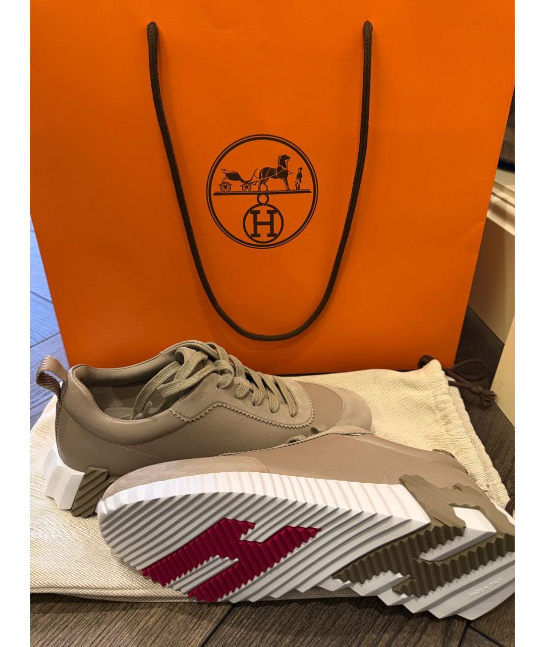 HERMES Бежевые кожаные кроссовки, фото 4