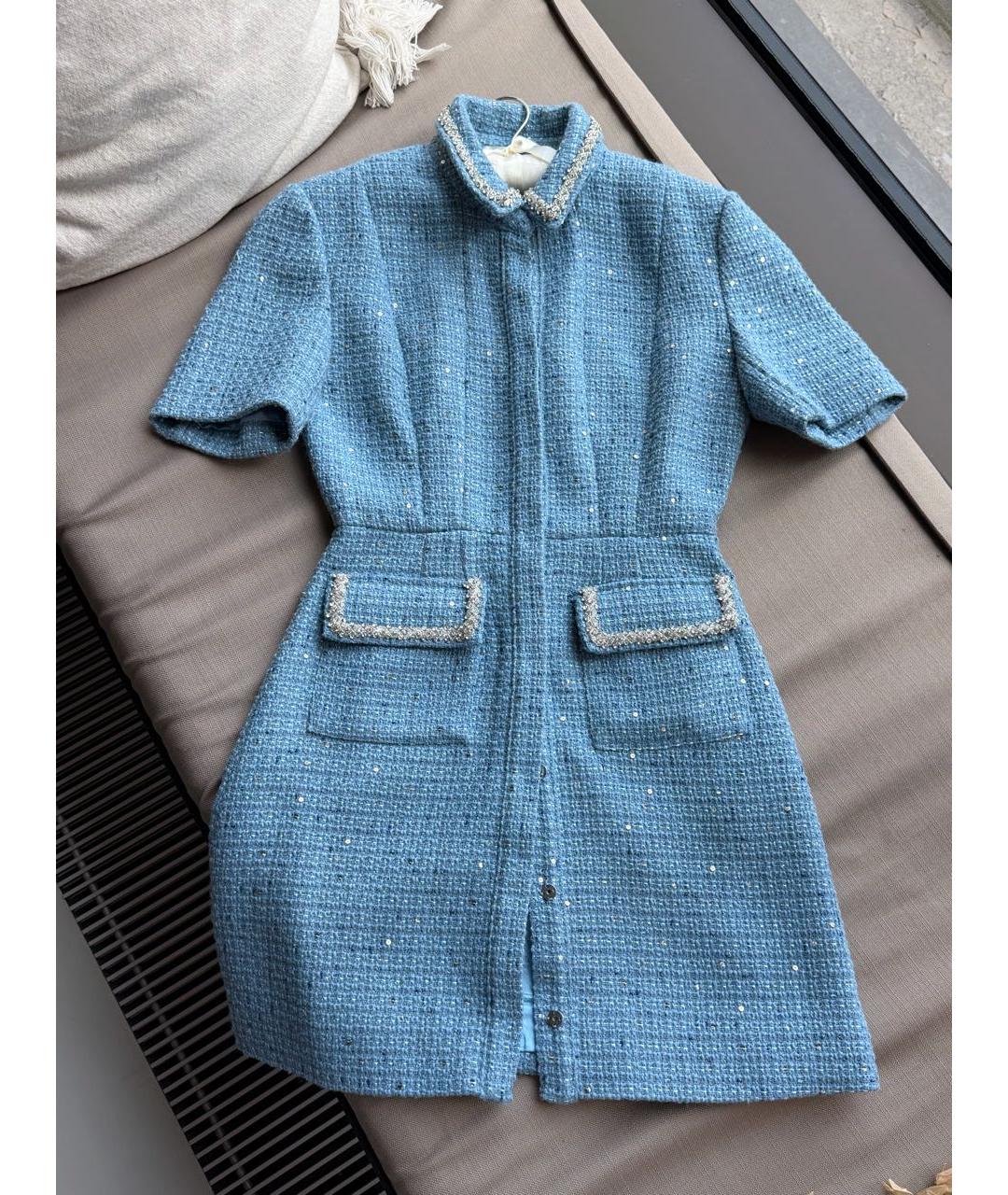 MAJE Голубое твидовое повседневное платье, фото 5