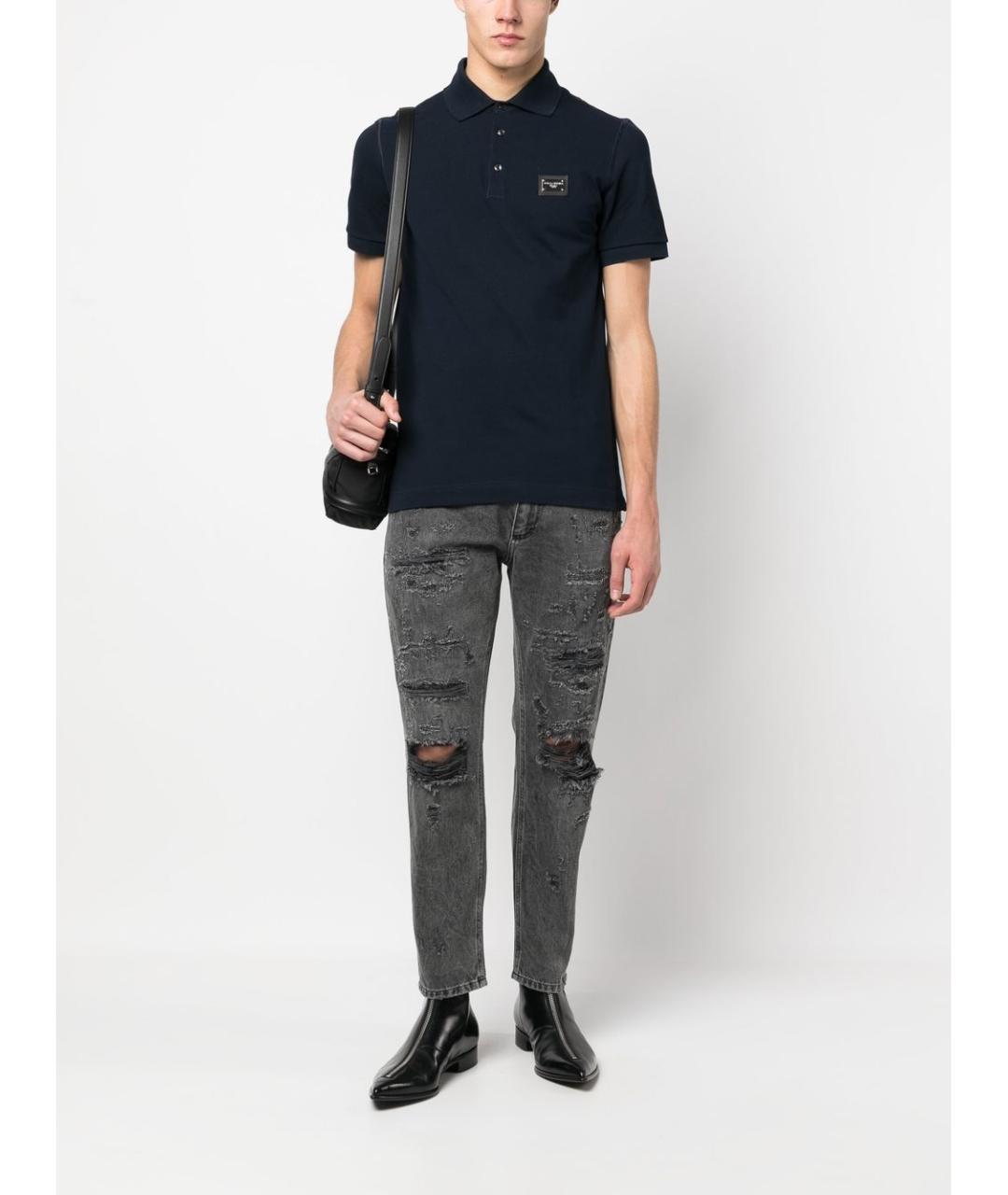 DOLCE&GABBANA Темно-синее хлопковое поло с коротким рукавом, фото 4