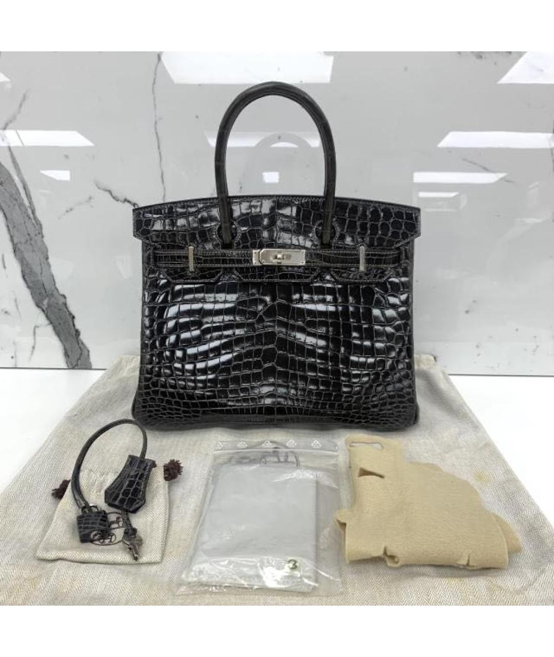 HERMES Черная сумка с короткими ручками из экзотической кожи, фото 5