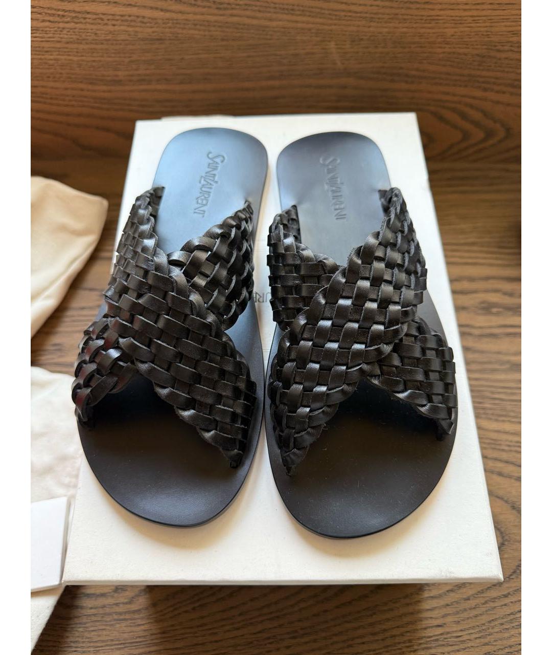 SAINT LAURENT Черные кожаные шлепанцы, фото 2