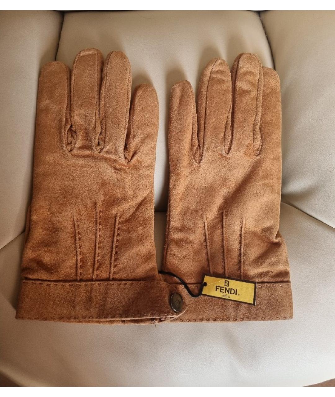 FENDI Коричневые кожаные перчатки, фото 6