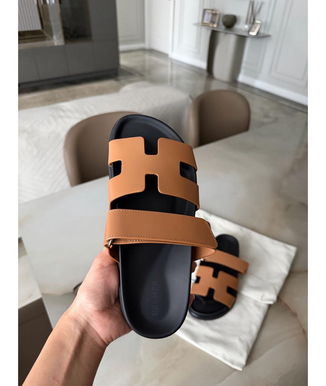 HERMES Коричневые кожаные шлепанцы, фото 6