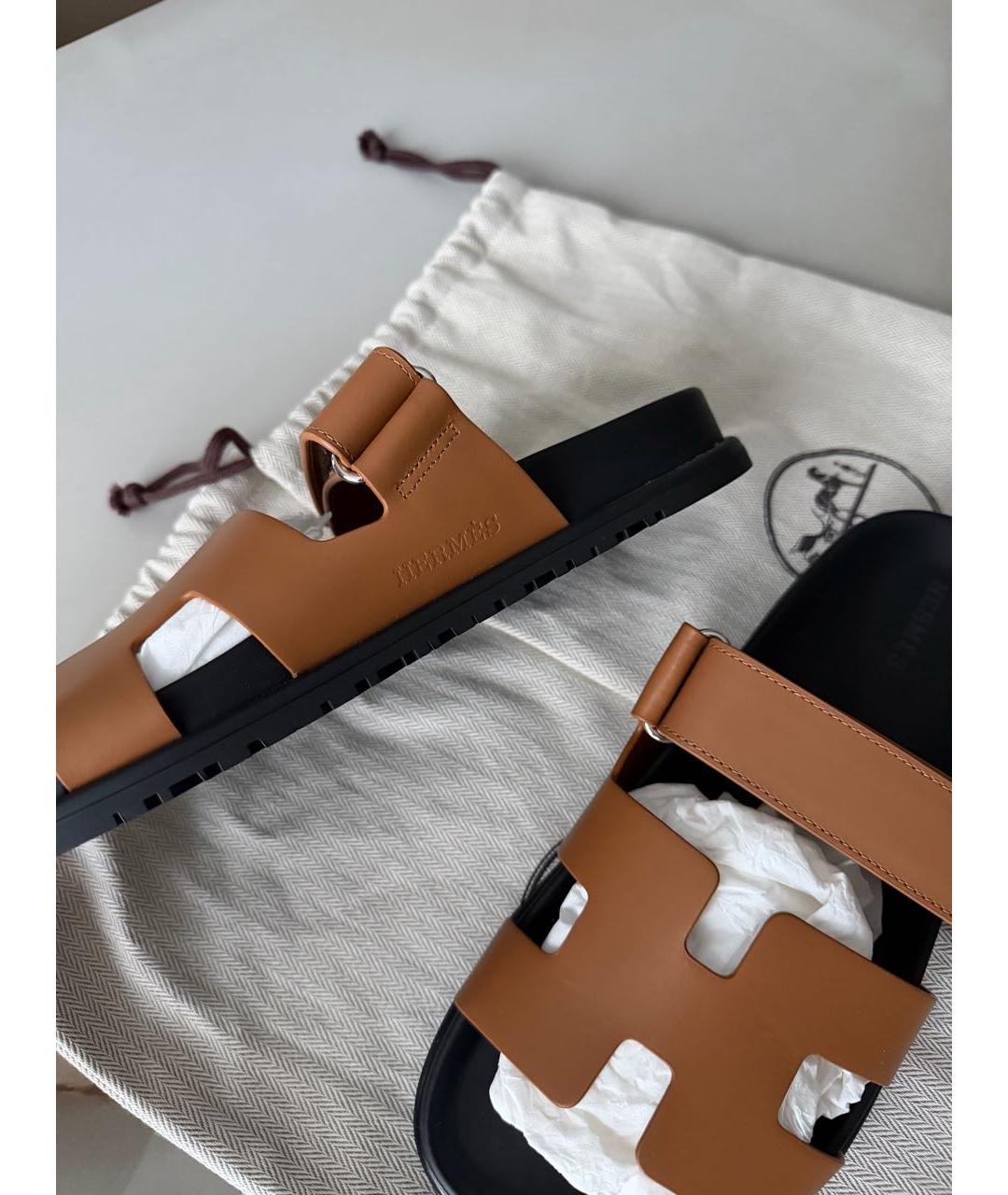 HERMES Коричневые кожаные шлепанцы, фото 4