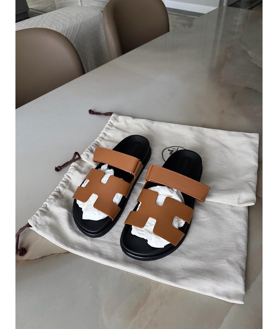 HERMES Коричневые кожаные шлепанцы, фото 2