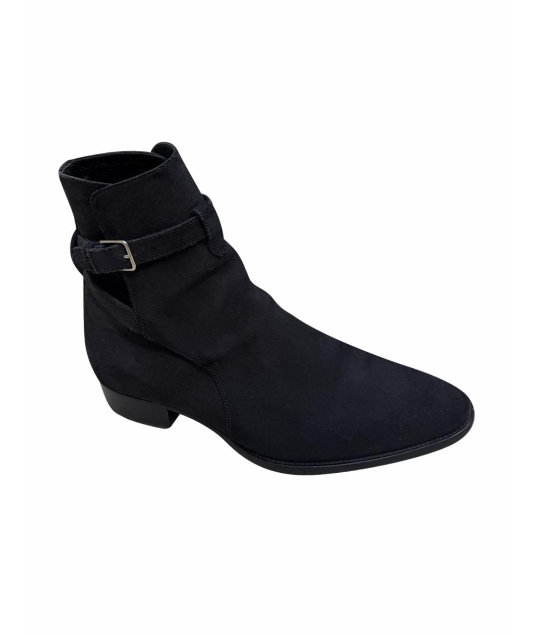 SAINT LAURENT Темно-синие замшевые высокие ботинки, фото 1