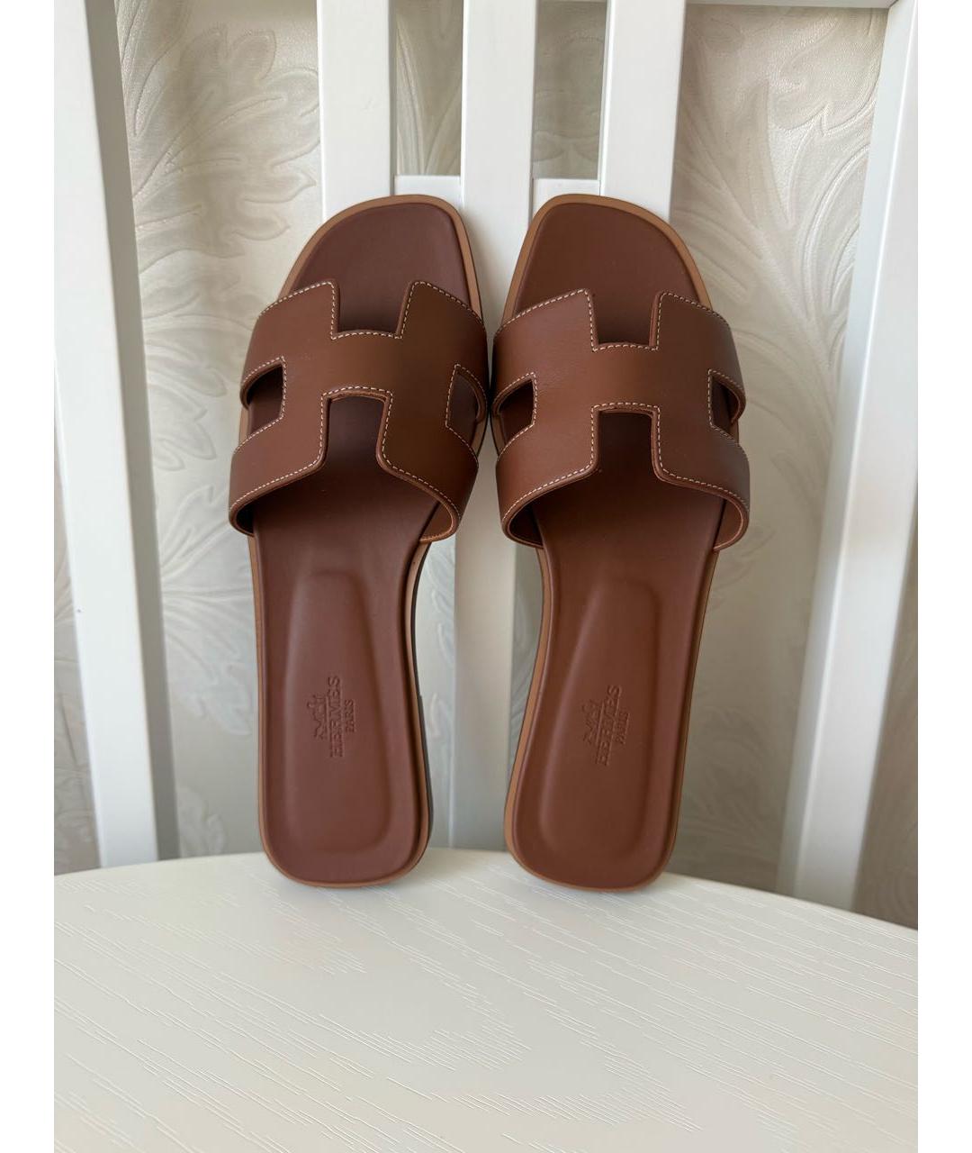 HERMES Коричневые кожаные шлепанцы, фото 3