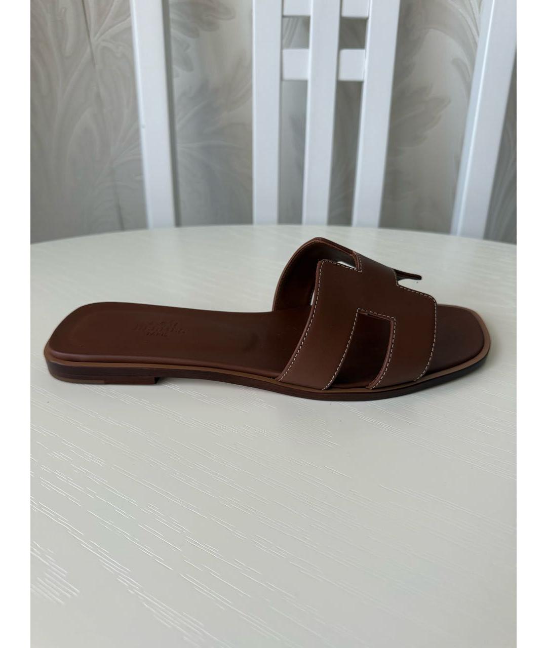 HERMES Коричневые кожаные шлепанцы, фото 5