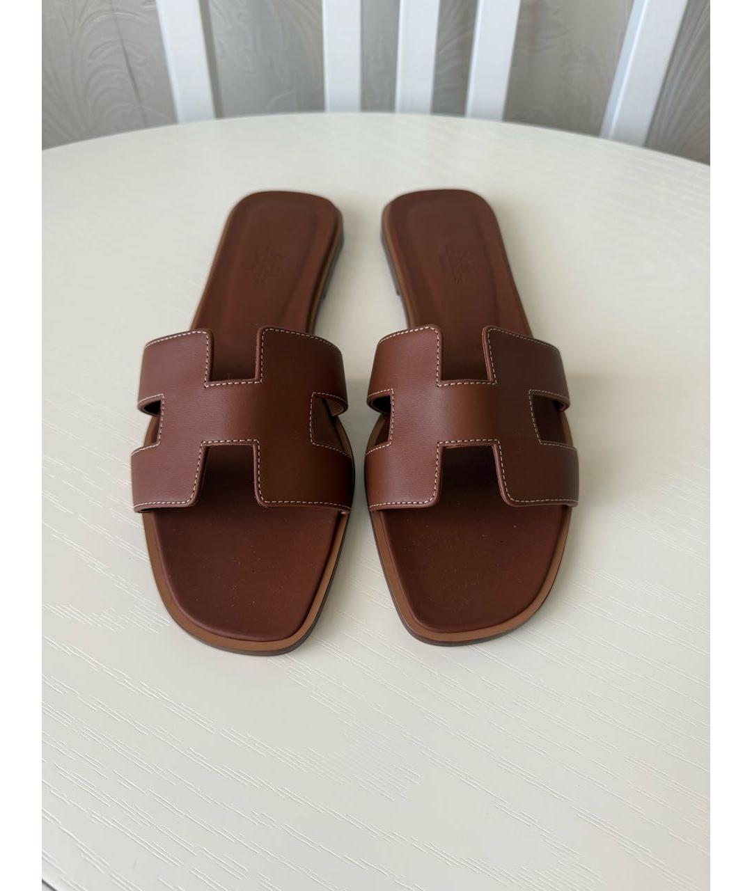 HERMES Коричневые кожаные шлепанцы, фото 2