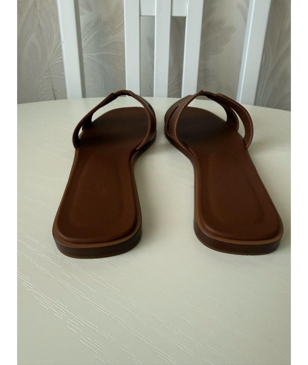 HERMES Коричневые кожаные шлепанцы, фото 4