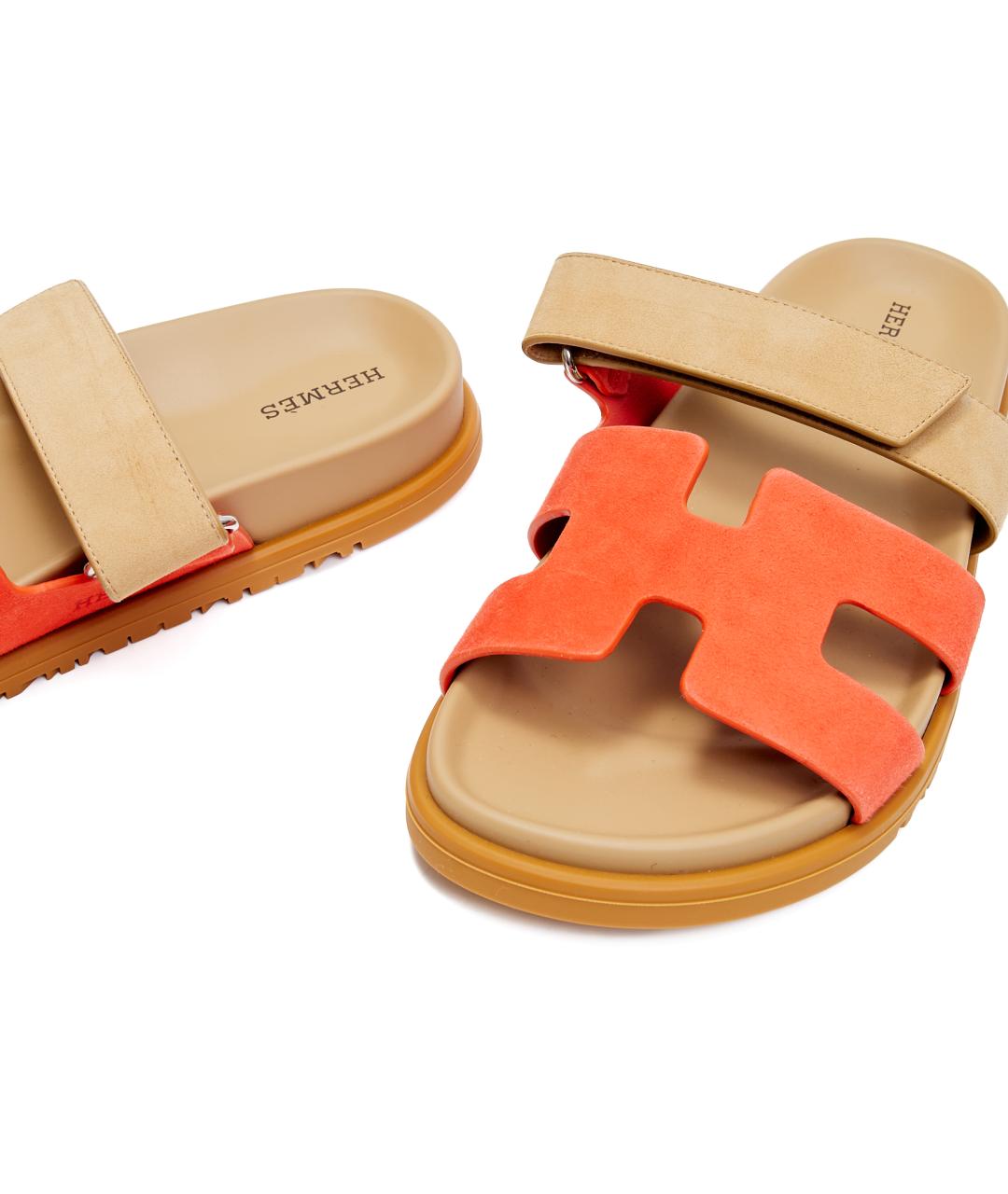 HERMES Оранжевое замшевые шлепанцы, фото 4