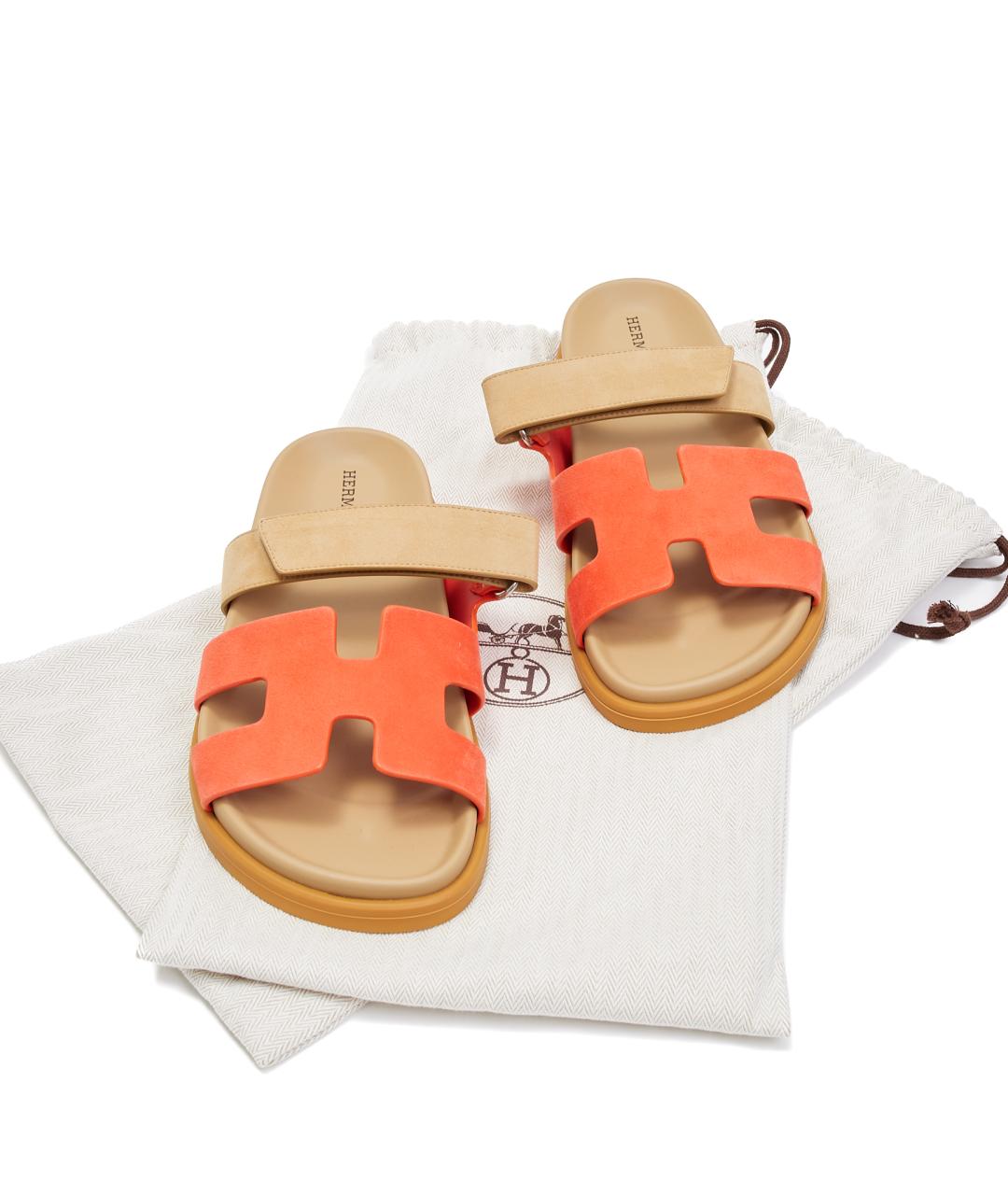 HERMES Оранжевое замшевые шлепанцы, фото 7