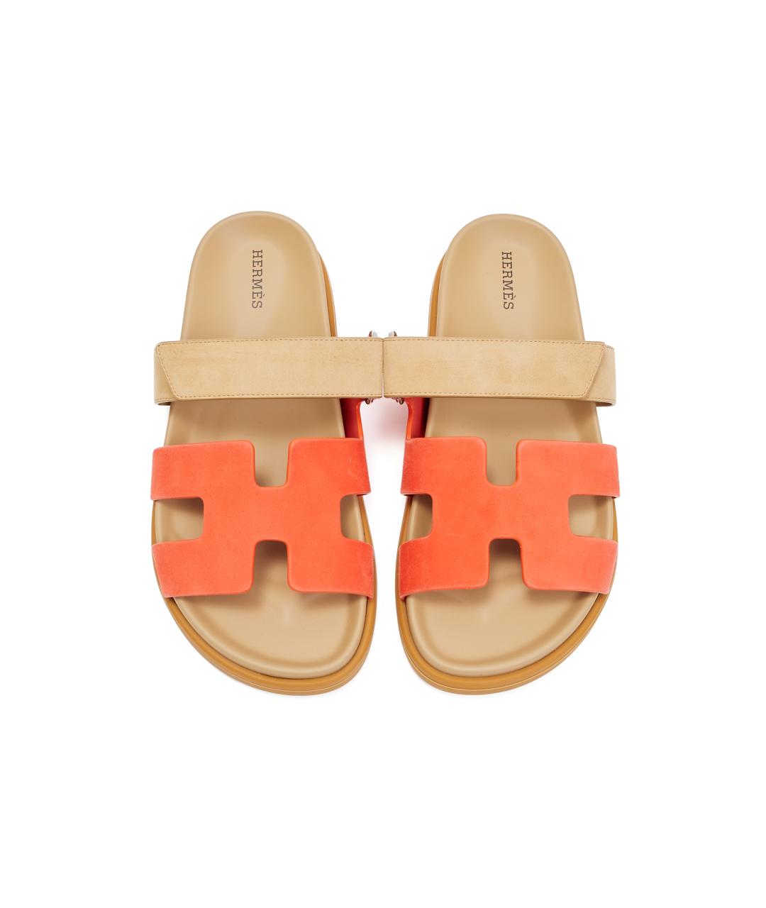 HERMES Оранжевое замшевые шлепанцы, фото 5