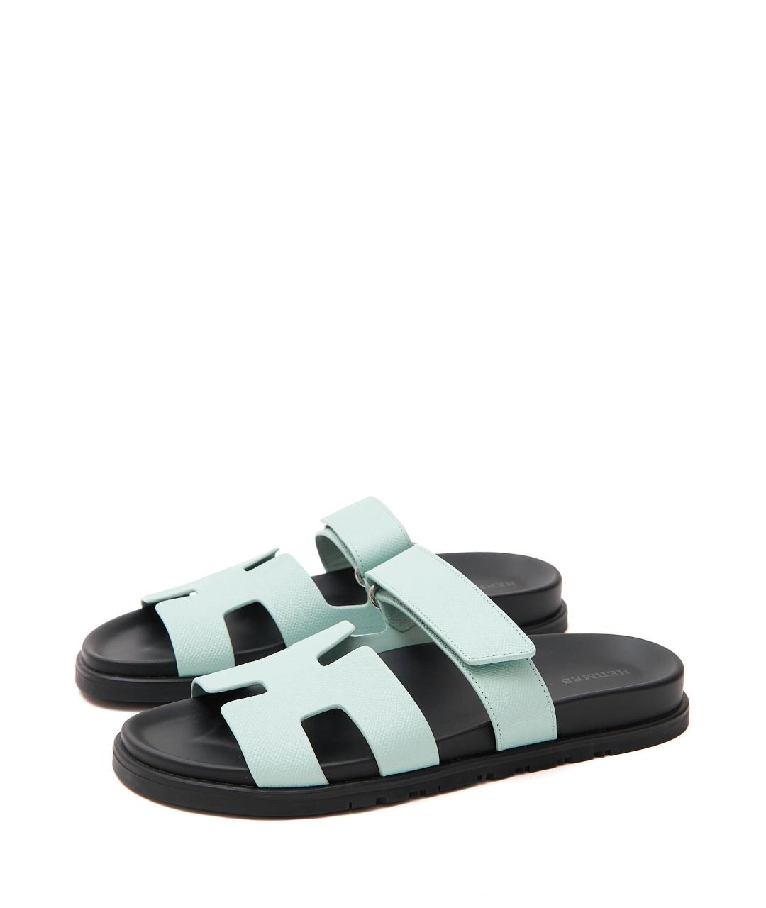 HERMES Голубые кожаные шлепанцы, фото 2